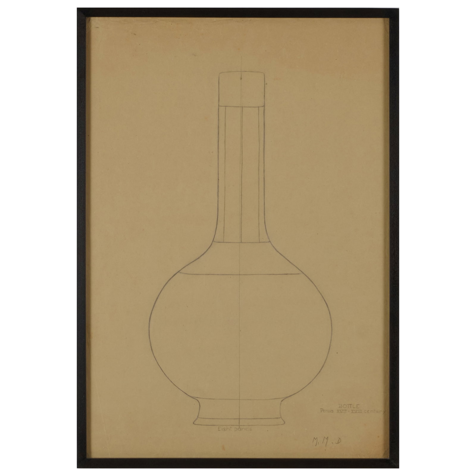 20th Century School: Bottle Design: 20th Century School: Bottle Design Pencil on paper, signed with initials 'M.M.D.' and inscribed 'Bottle, Persia XVII-XVIII Century' lower right and 'Eight Panels' lower center'. 21 7/8 x 15 in.
