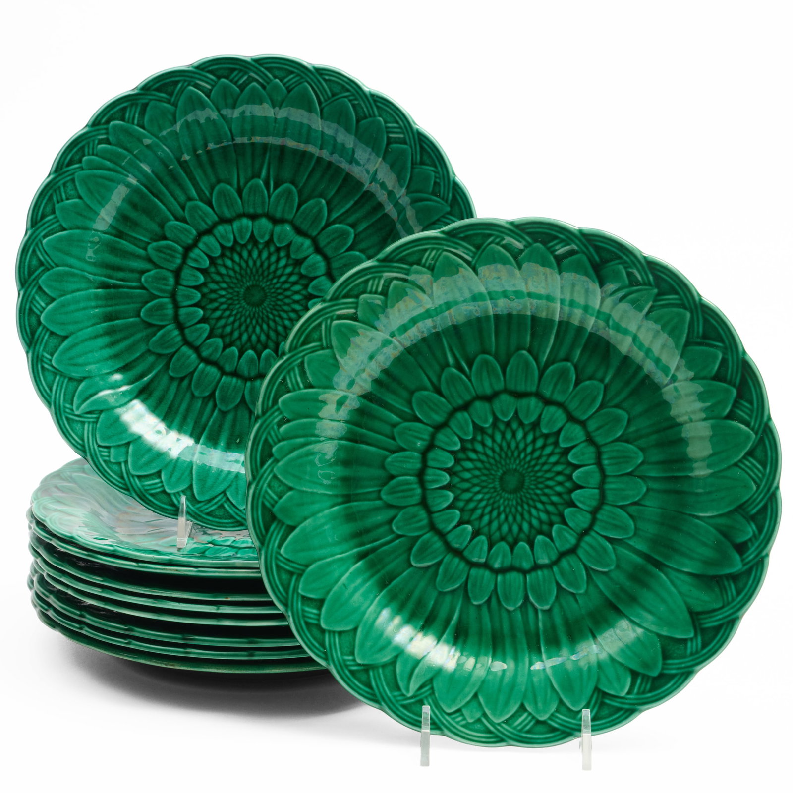 Set of Ten Wedgwood Green Majolica Dessert Plates: Set of Ten Wedgwood Green Majolica Dessert Plates Various impressed marks. 8 1/2 in. diam. Collection of Nancy McClelland.