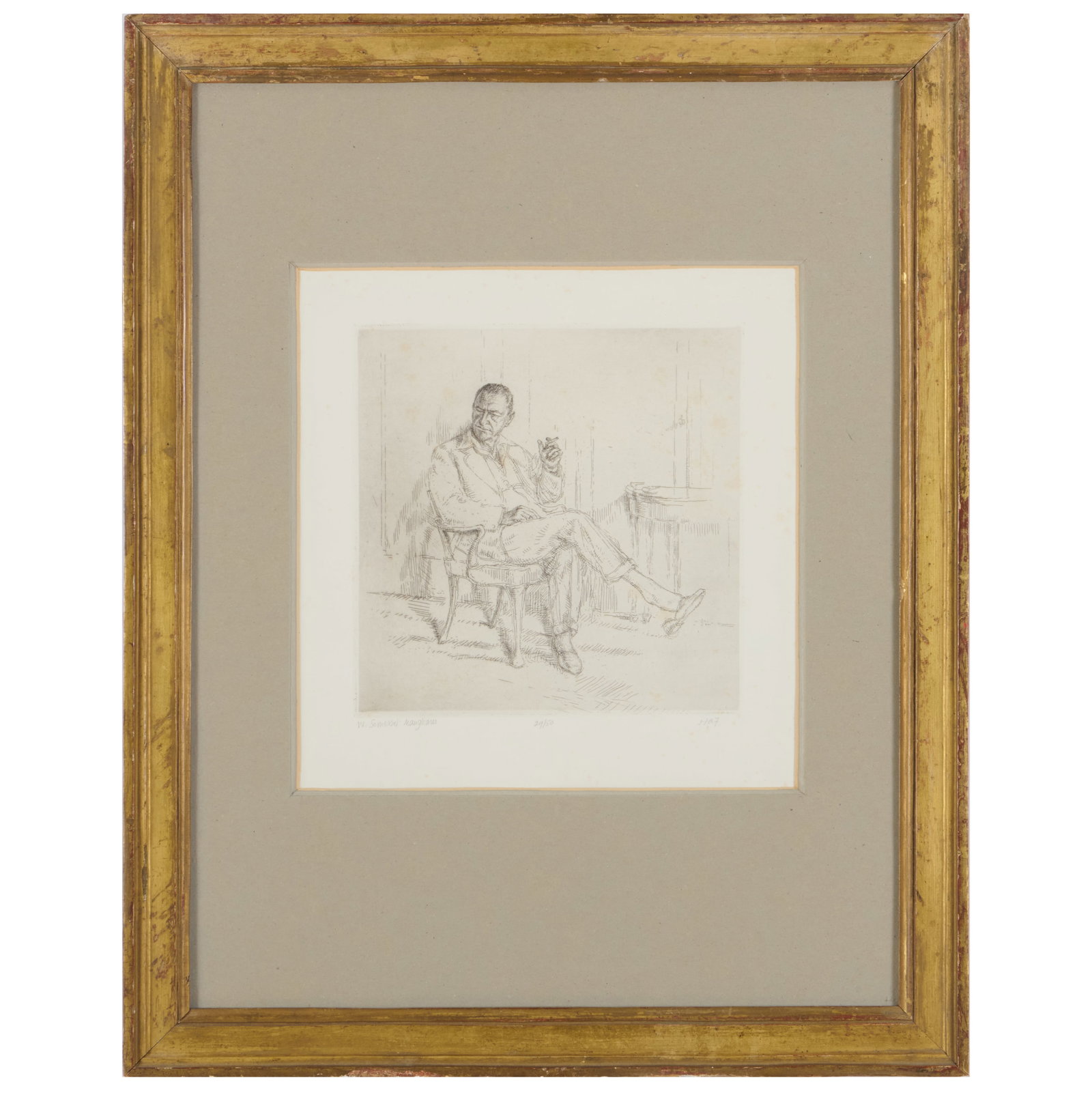 20th Century School: Portrait of Somerset Maugham: 20th Century School: Portrait of Somerset Maugham Etching in black on wove paper, indistinctly signed, titled and numbered 29/50 in pencil. 11 3/4 x 11 1/4 in. (sight), 24 x 19 in. (frame).