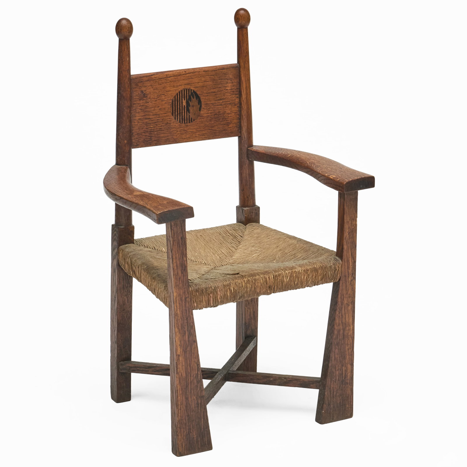 Liberty of London Arts and Crafts Ebony Inlaid Oak Child's Chair with Rush Seat, Attributed to: Liberty of London Arts and Crafts Ebony Inlaid Oak Child's Chair with Rush Seat, Attributed to William Birch 28 x 17 x 13 in., seat height 12 in. Collection of Nancy McClelland.