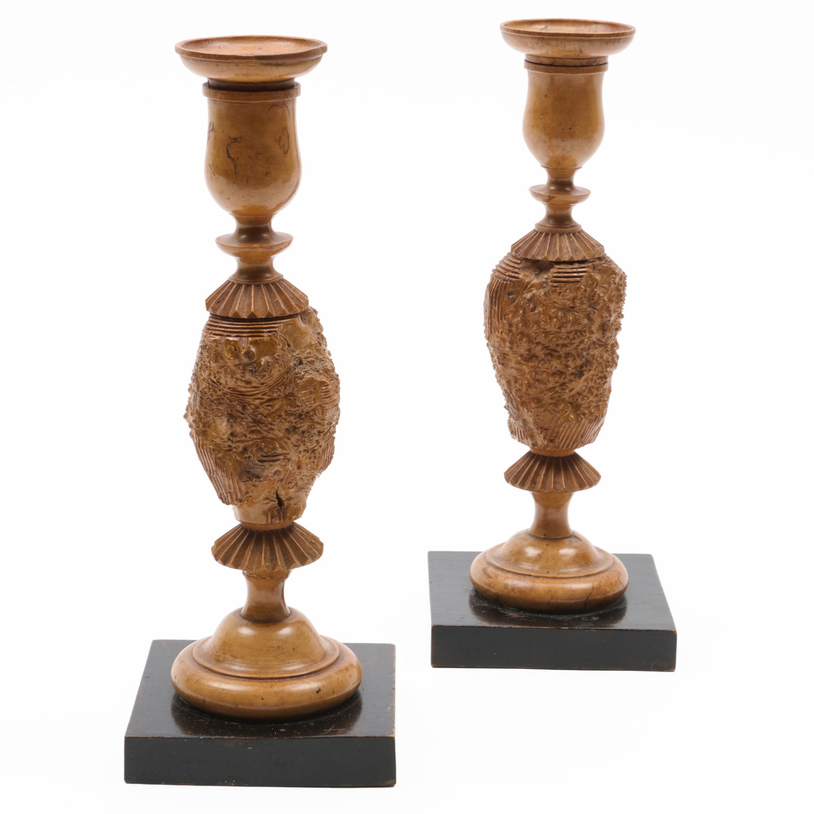 Pair of Carved Burl Fruitwood Candlesticks: Pair of Carved Burl Fruitwood Candlesticks 10 1/4 x 4 x 4 in. Cove Landing, NY.Collection of Nancy McClelland.