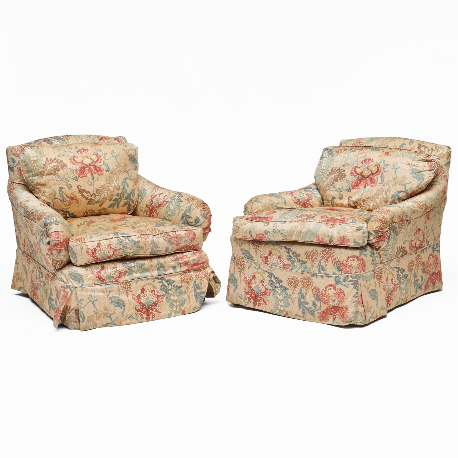 Matched Pair of English Club Chairs with Chintz Slipcovers: Matched Pair of English Club Chairs with Chintz Slipcovers 28 x 31 1/2 x 39 in., seat height 18 in. Collection of Nancy McClelland.