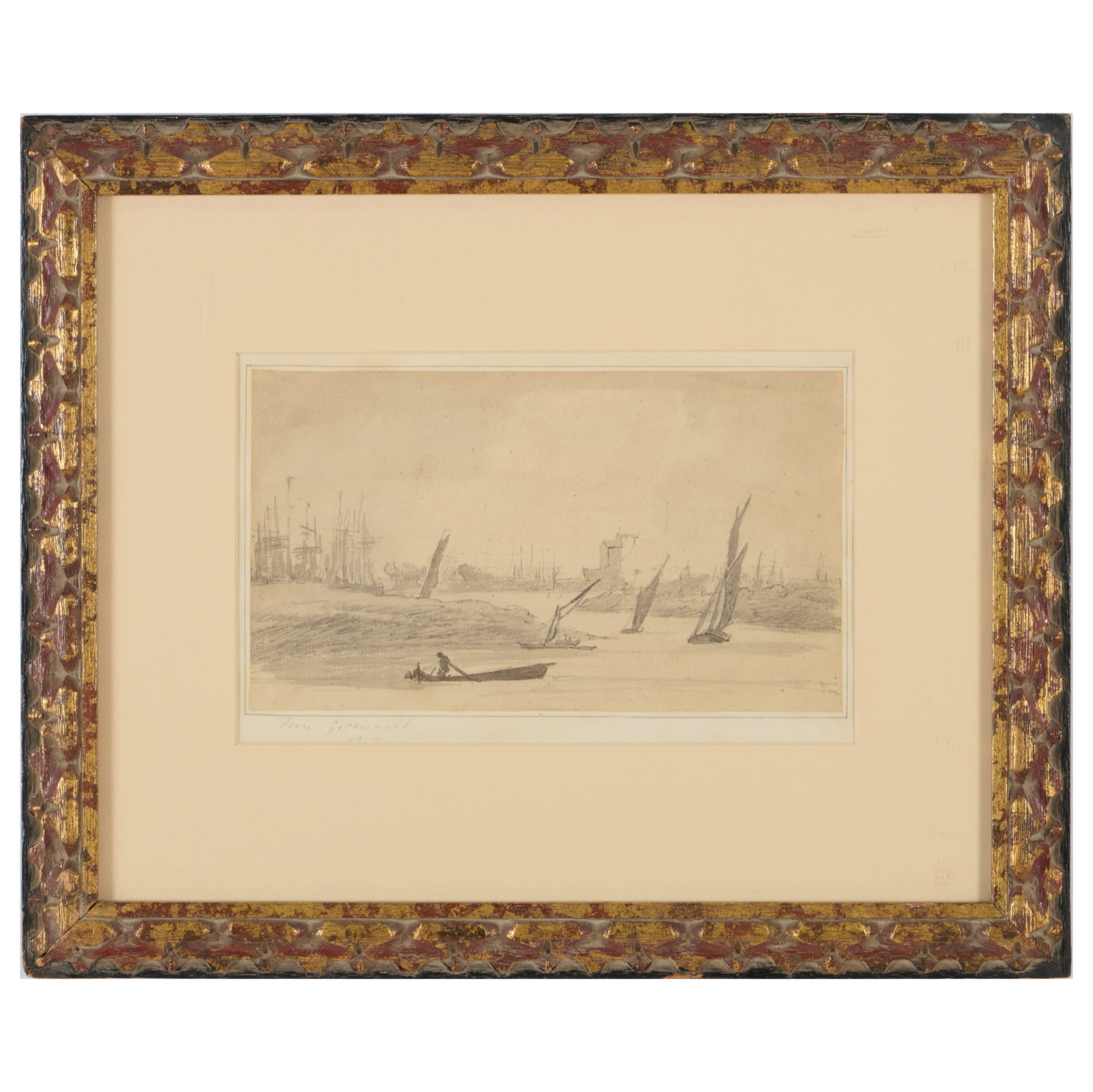 S. A. Farnborough (1762-1837): From Greenwich: S. A. Farnobrough (1762-1837): From Greenwich Pencil and wash on paper mounted on paper, 1807, unsigned, titled and dated lower left, with an old auction sale label. 5 1/2 x 9 5/8 in. (sheet), 14 x 17