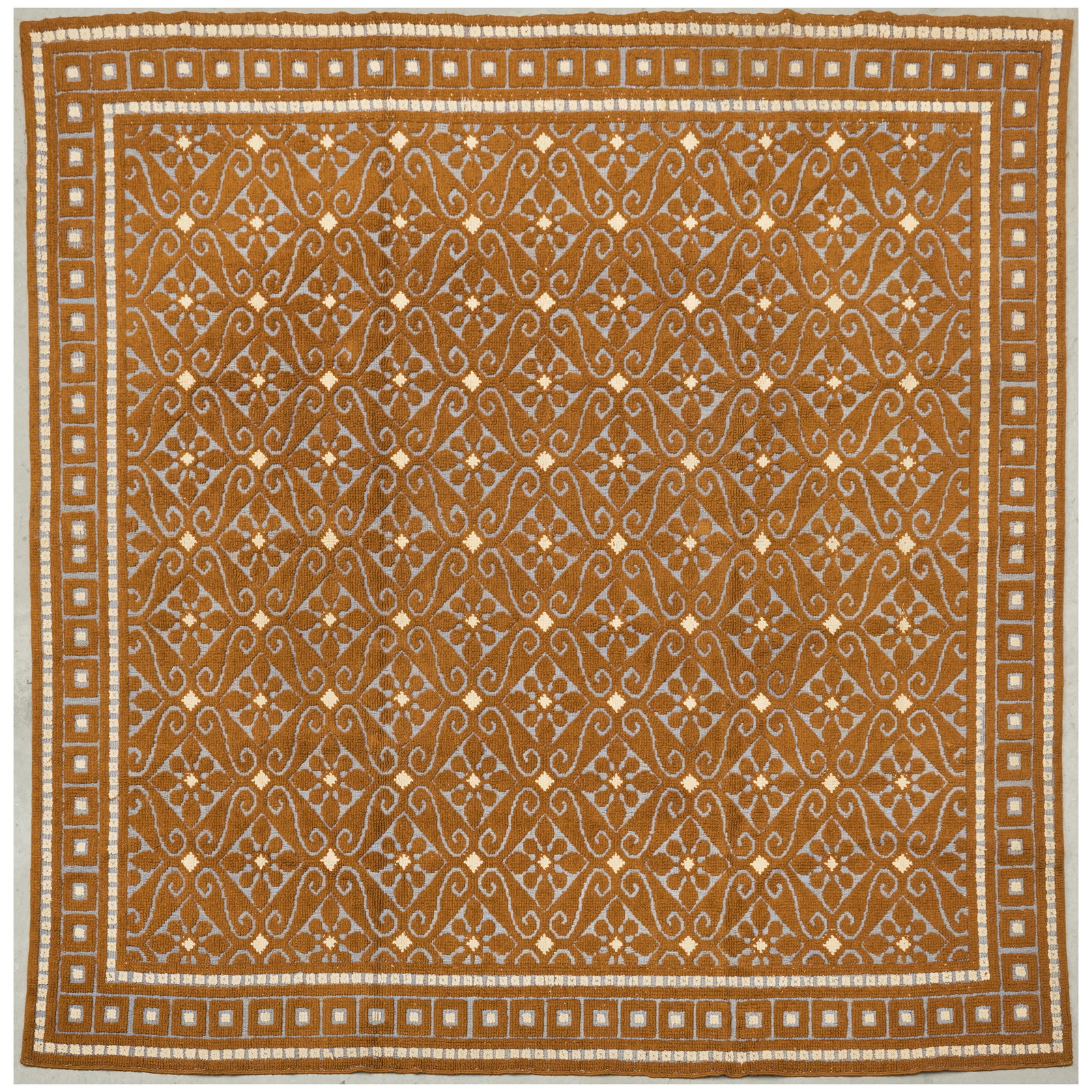 French Wool Carpet with Geometric Motif, Cogolin: French Wool Carpet with Geometric Motif, Cogolin Approximately 8 ft. 5 in. x 8 ft. 4 in. Possibly CogolinCollection of Nancy McClelland.