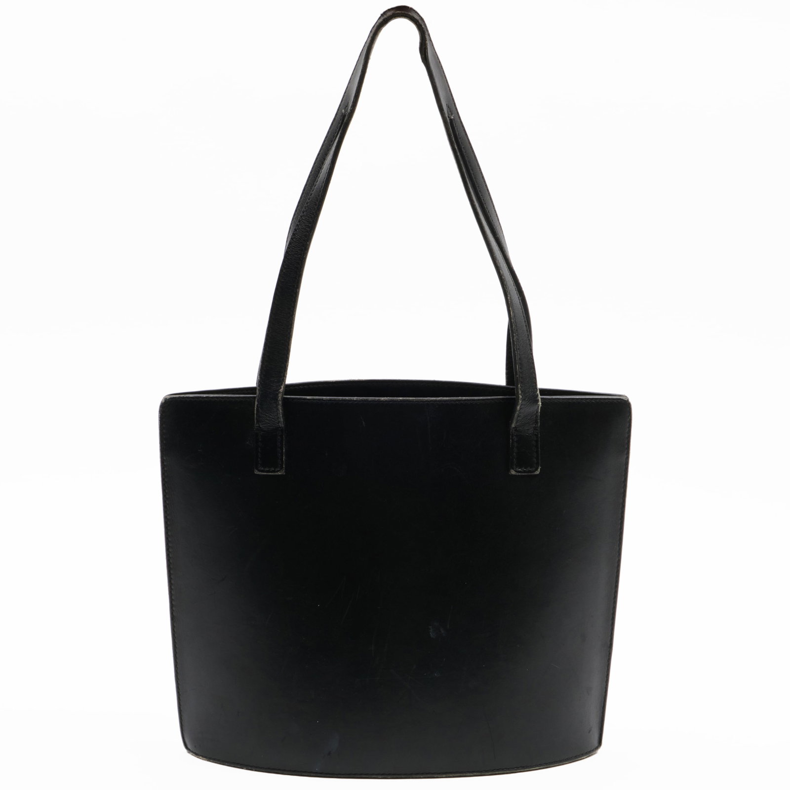 Hermes Black Leather Bag: Hermes Black Leather Bag Stamped Hermes Paris Made in France on the interior. With a dust bag. 9 x 11 1/2 x 4 1/4 in. Collection of Nancy McClelland.