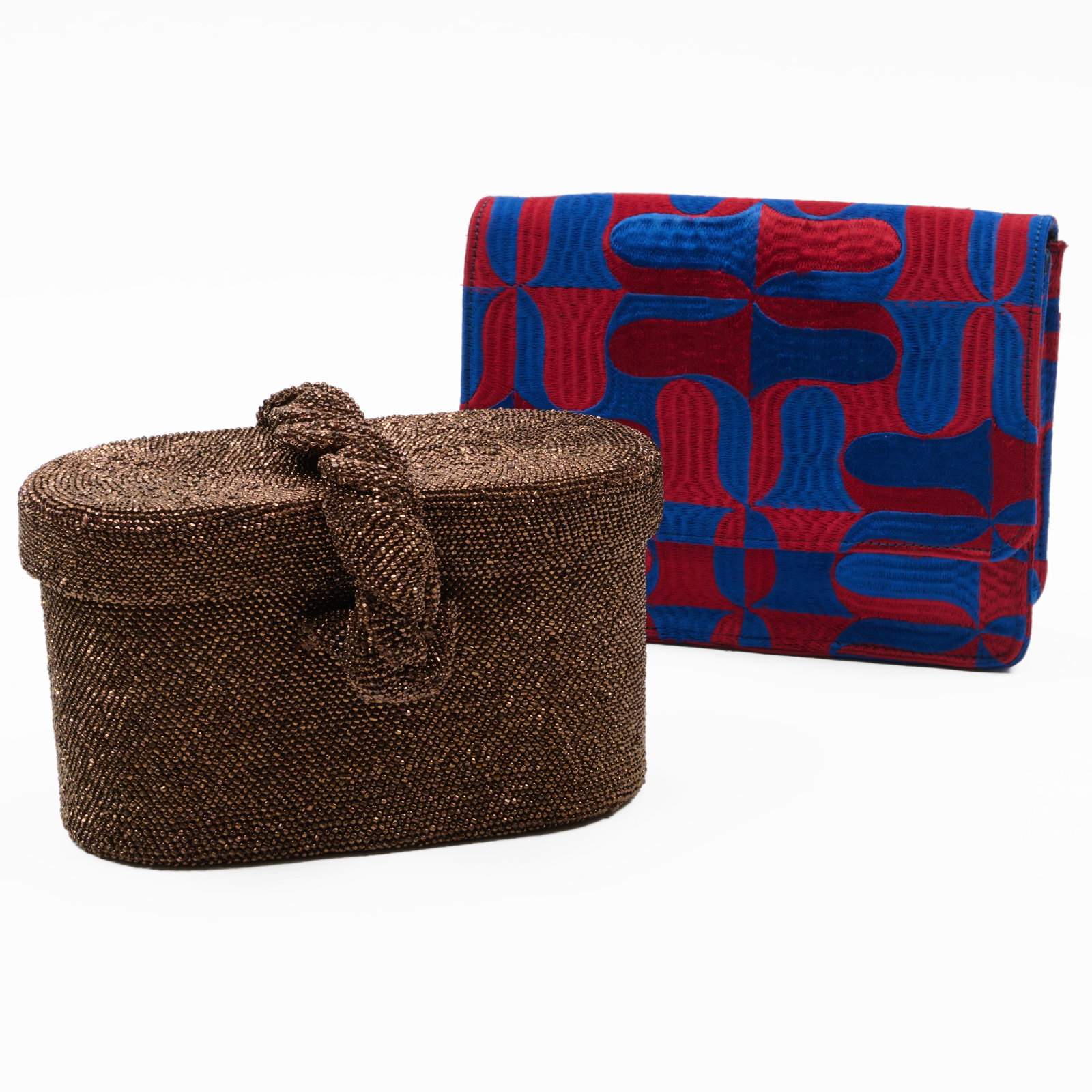 Embroidered Neue Gallery 'Vienna 1900' Evening Clutch and a Vintage Beaded Evening Bag: Embroidered Neue Gallery 'Vienna 1900' Evening Clutch and a Vintage Beaded Evening Bag The "Vienna 1900" evening bag embroidered with a Wiener Werkstatte textile pattern designed by Ugo Zovetti, 1910-