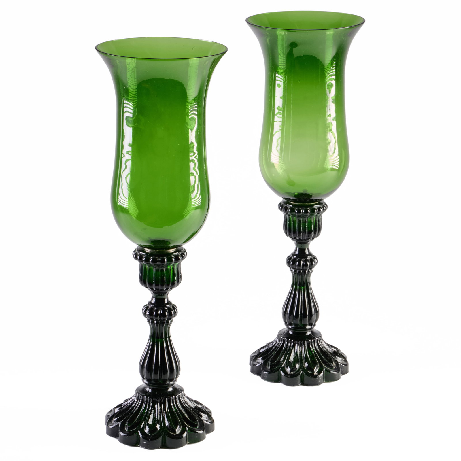 Pair of Emerald Pressed Glass Candlesticks and a Pair of Green Hurricane Shades (1 of 9)
