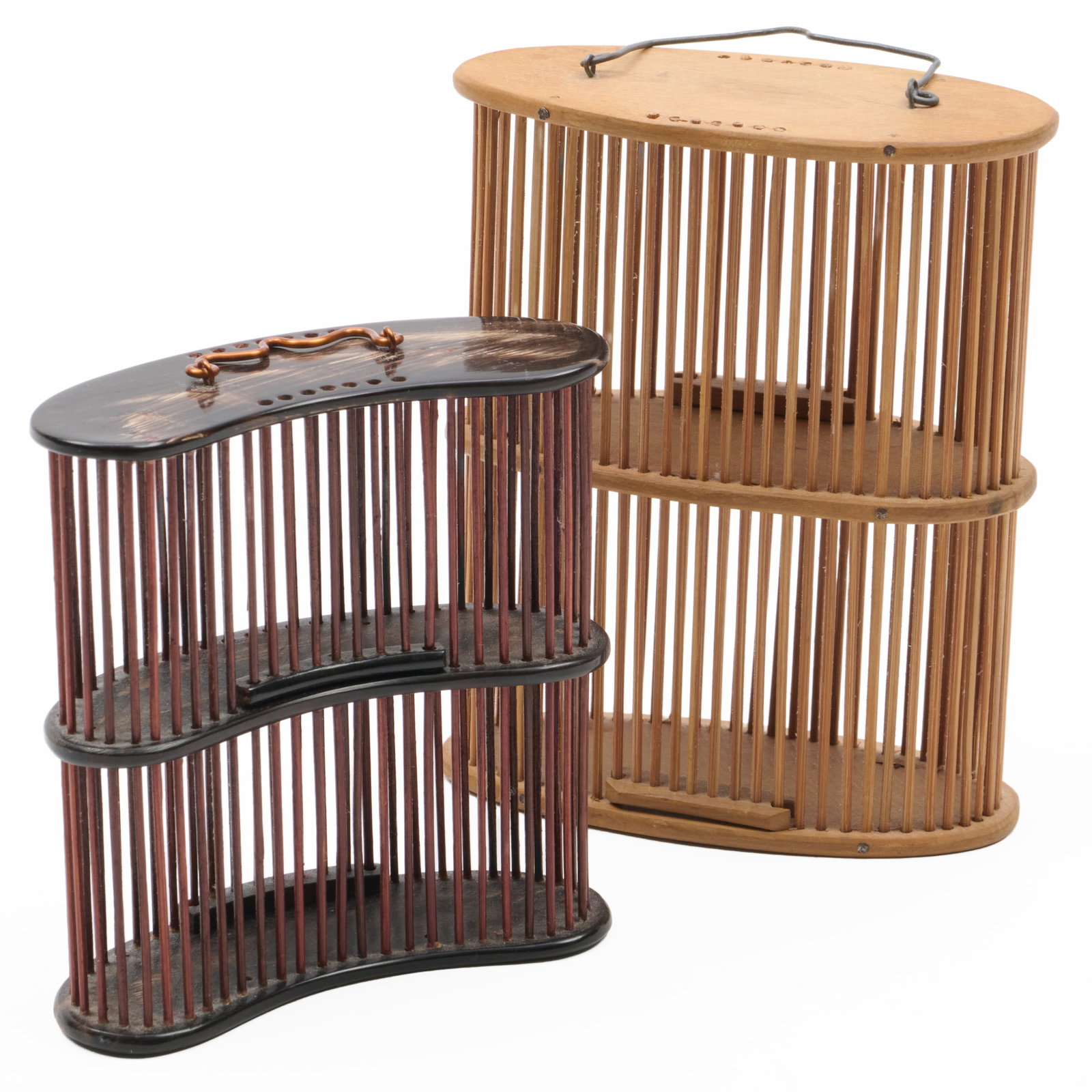 Two Chinese Bamboo Cricket Cages: Two Chinese Bamboo Cricket Cages The larger 5 1/4 x 1 1/8 x 1 3/4 in., the smaller 4 x 3 3/4 x 1 1/2 in. Collection of Nancy McClelland.