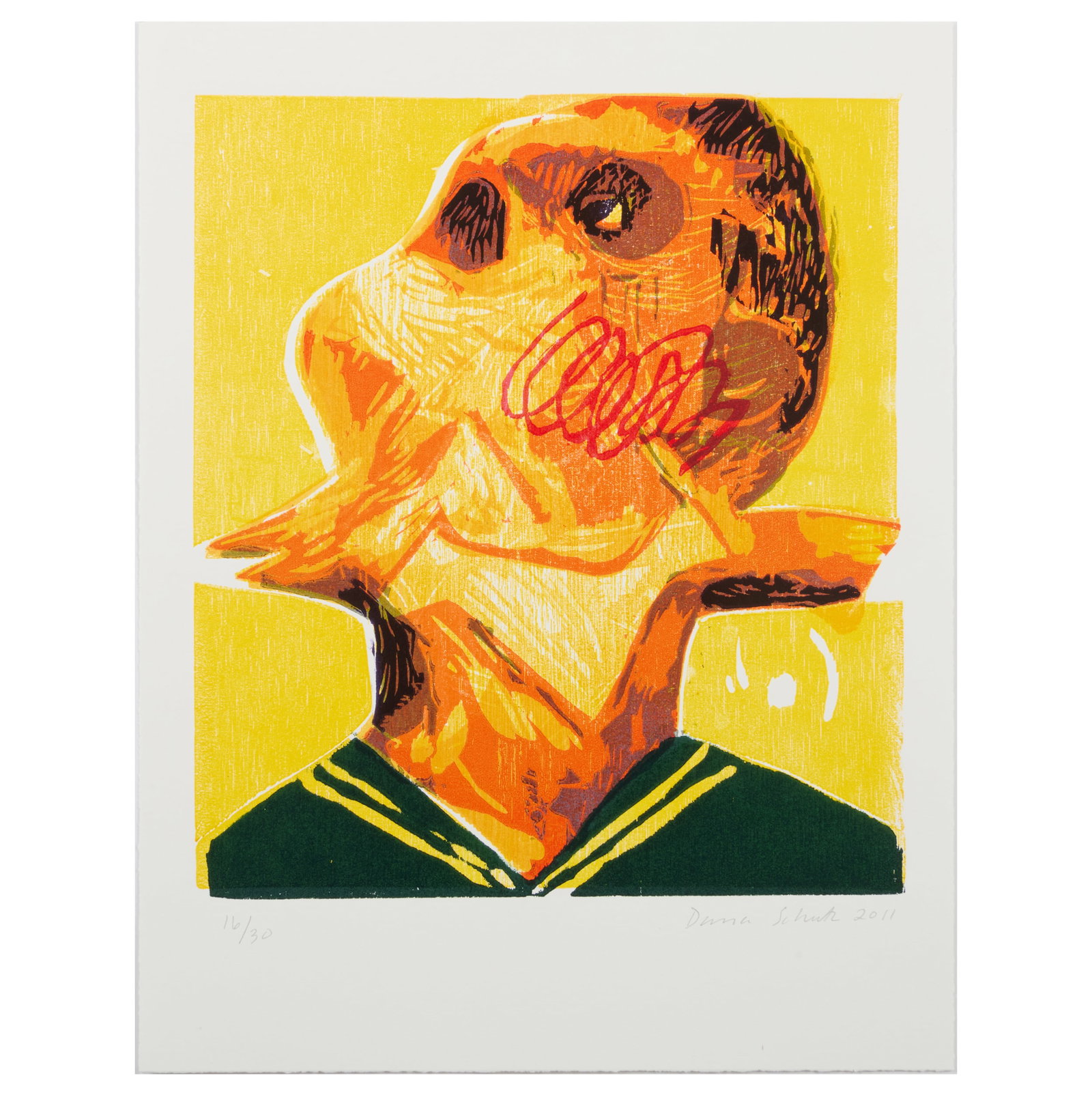 Dana Schutz (b. 1976): Bird in Throat: Dana Schutz (b. 1976): Bird in Throat Woocut in colors on wove paper, 2011, signed, dated and numbered 16/30 in pencil. 18 x 14 in. (sheet), unframed.