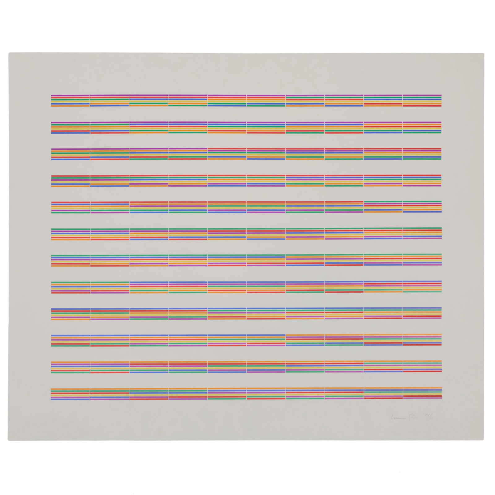 Laura Grisi (1939-2017): Stripes: Laura Grisi (1939-2017): Stripes The set of seven lithographs in colors on smooth wove paper, all signed in pencil and numbered 56/60, original black paper portfolio. All 19 3/4 x 23 3/4 in. (sheet), 