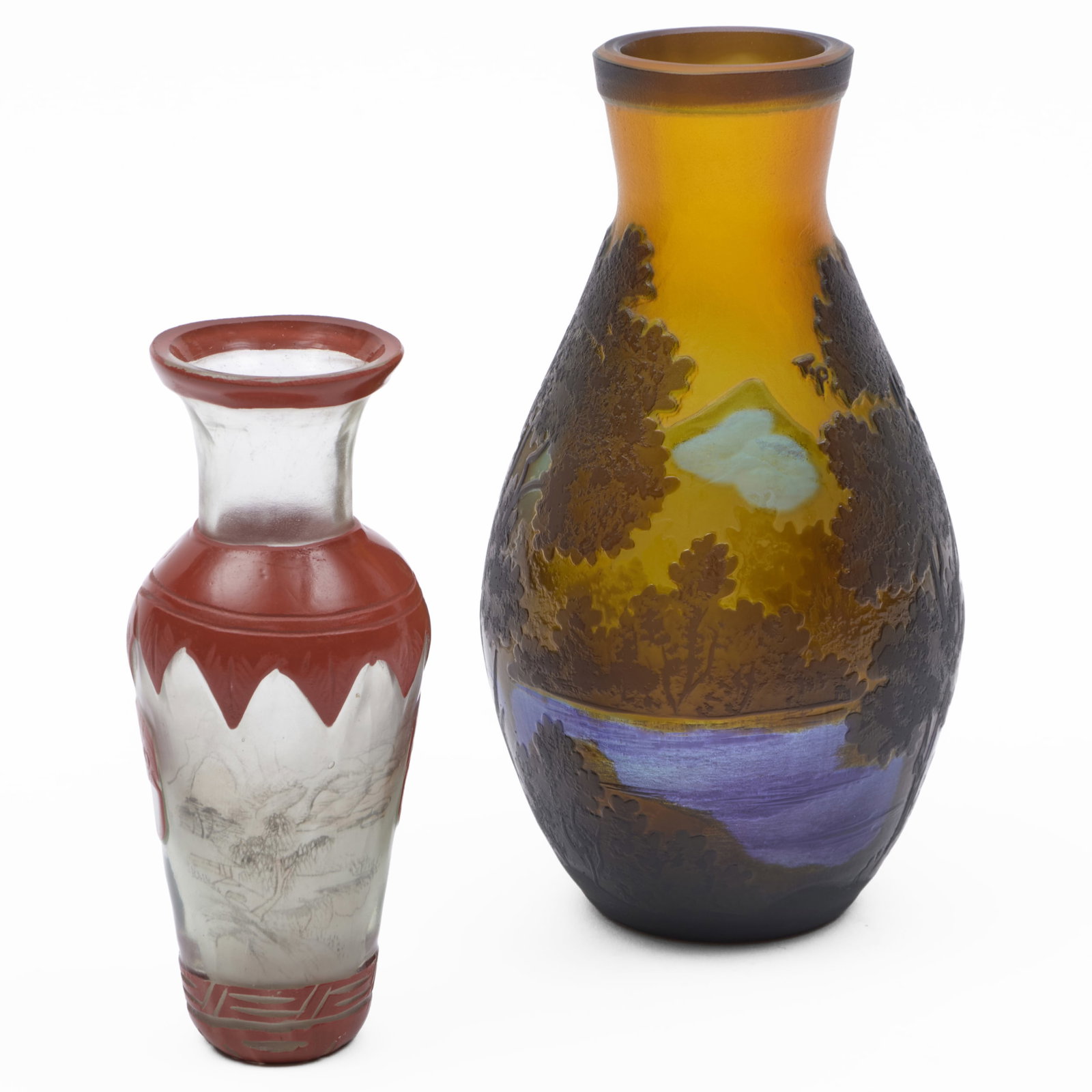 French Cameo Glass Vase and an Internally Decorated Cameo Glass Vase: French Cameo Glass Vase and an Internally Decorated Cameo Glass Vase The first with spurious mark in etch, the second unmarked. The first 6 1/2 x 3 1/8 in., the second 4 3/4 x 2 in. diam.