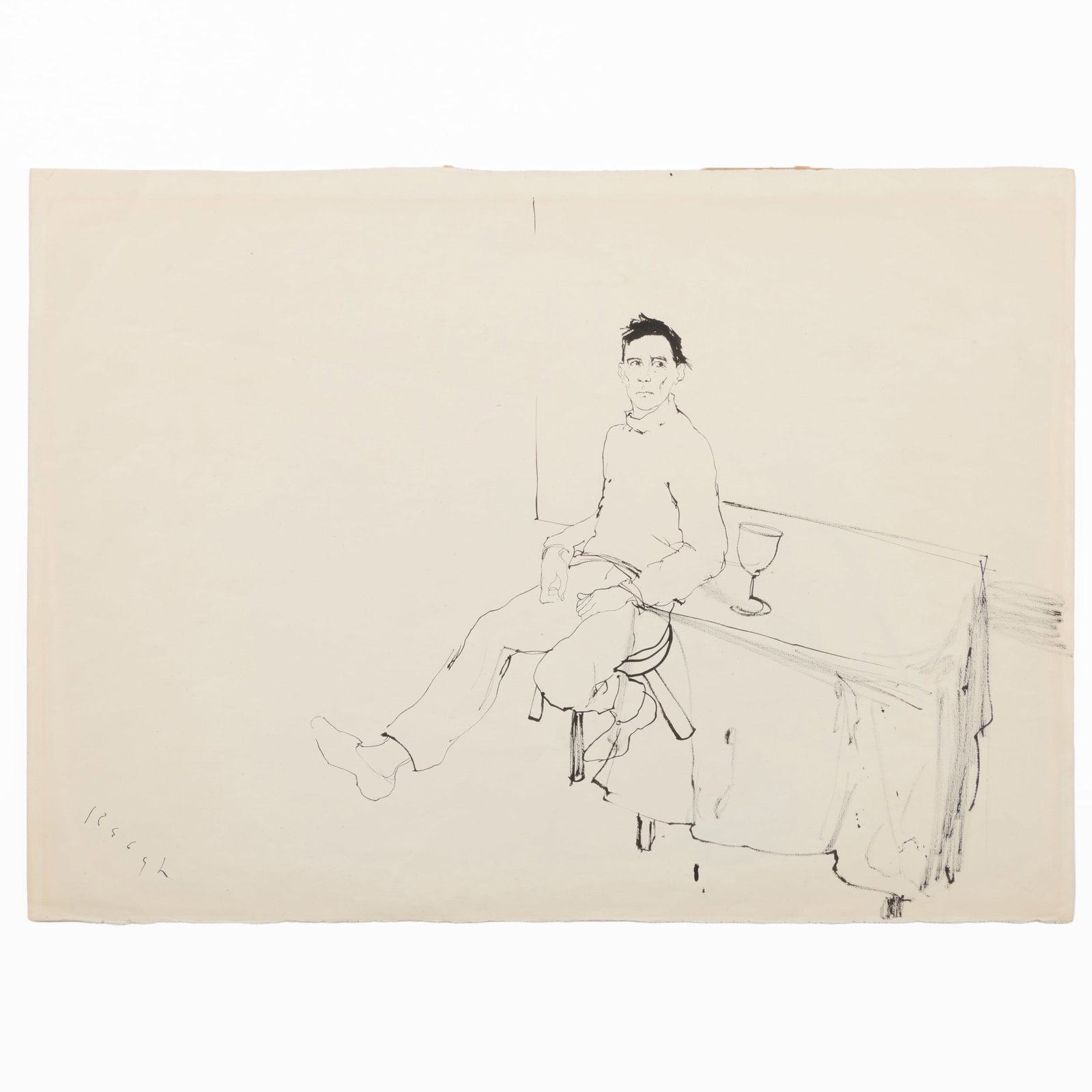 Tom Keough (1922-1980): Seated Man: Tom Keough (1922-1980): Seated Man Ink on paper with two ink studies on the reverse, c. 1959, signed 'Keough' lower left. 15 5/8 x 22 in. (sheet), unframed.