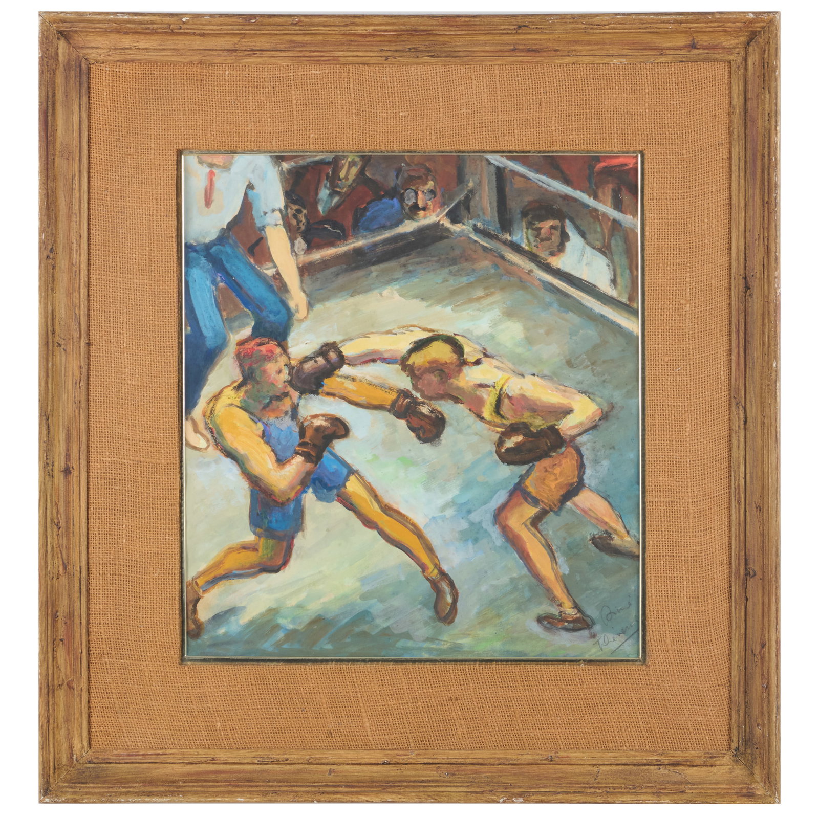 20th Century School: Boxers: 20th Century School: Boxers Oil on paper, indistinctly signed lower right. 17 x 15 in. (sight), 26 1/4 x 24 1/4 in. (frame).
