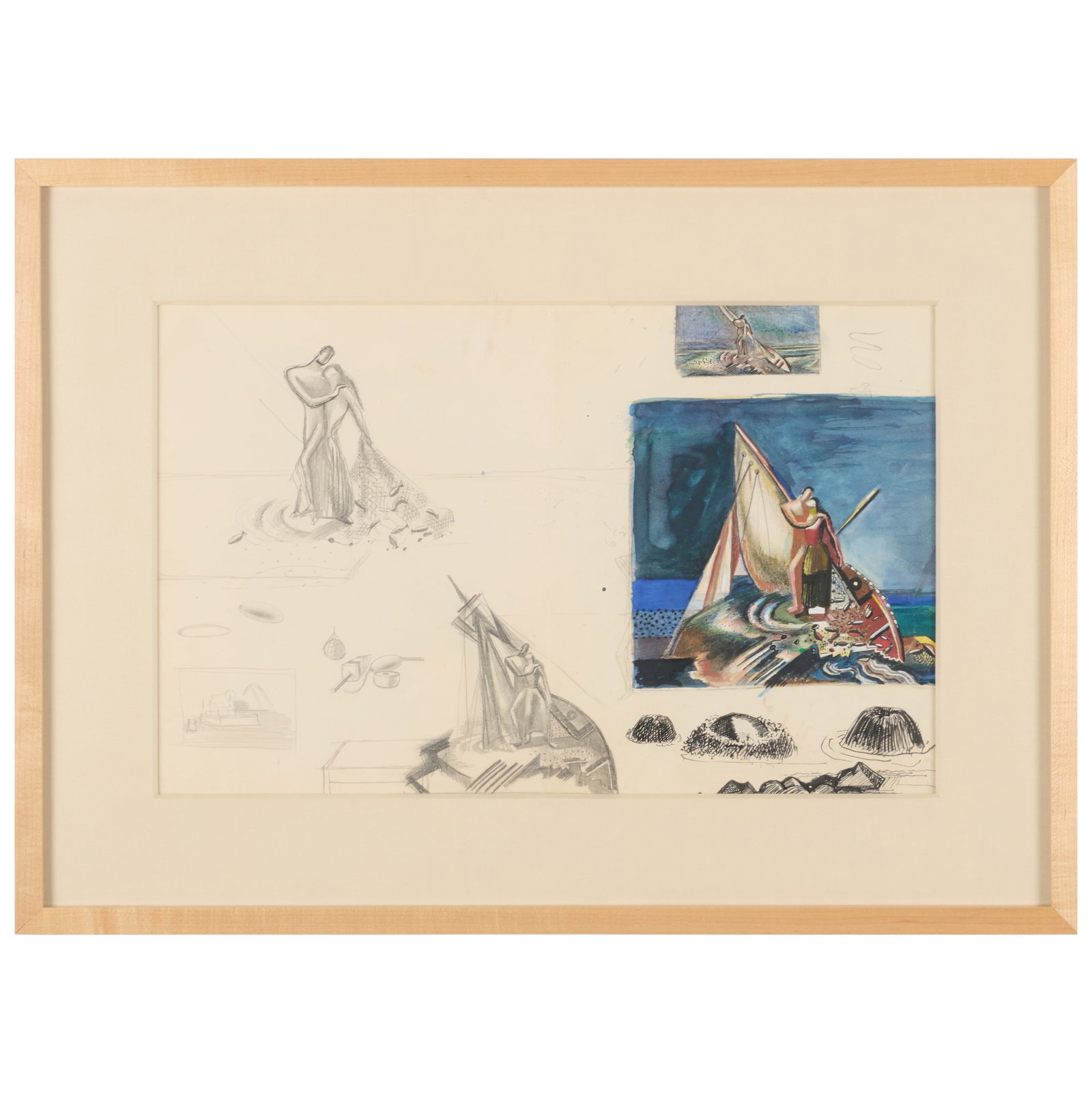 Theodore Roszak (1907-1981): Sheet of Studies for Fisherman's Bride: Theodore Roszak (1907-1981): Sheet of Studies for Fisherman's Bride Pencil, ink and watercolor on paper, unsigned, with label from Hirschl & Adler Galleries, NY. 10 3/4 x 17 1/4 in. (sight), 17 1/8 x 