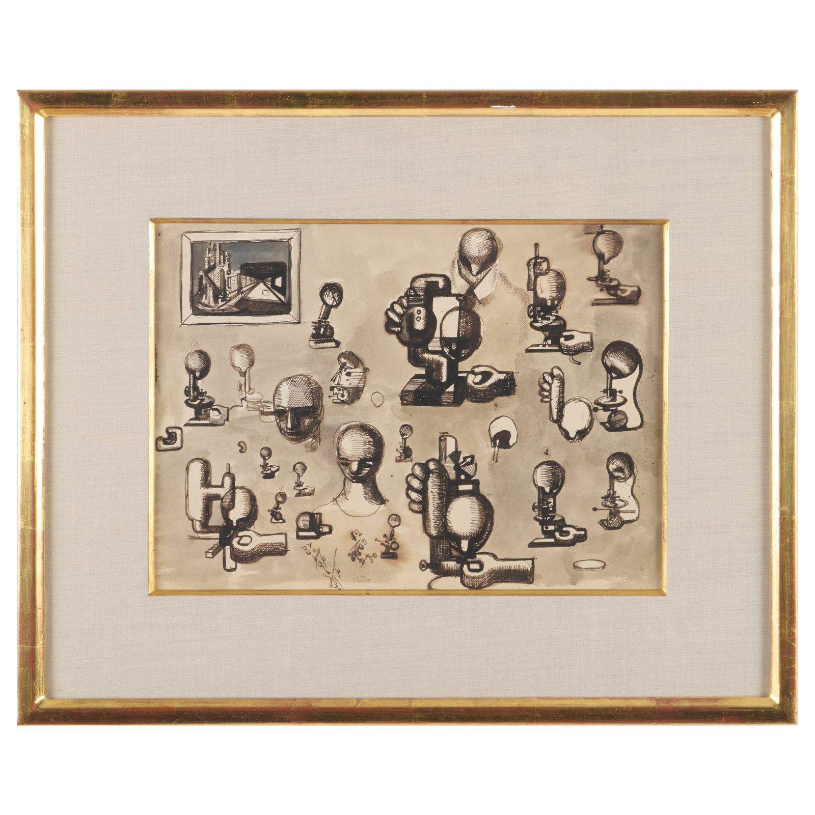 Theodore Roszak (1907-1981): Studies for Man Sewing & 42nd Street: Theodore Roszak (1907-1981): Studies for Man Sewing & 42nd Street Ink and wash on card with an ink sketch on the reverse, c. 1932, unsigned, with label from Hirschl & Adler Galleries, NY and Pembroke