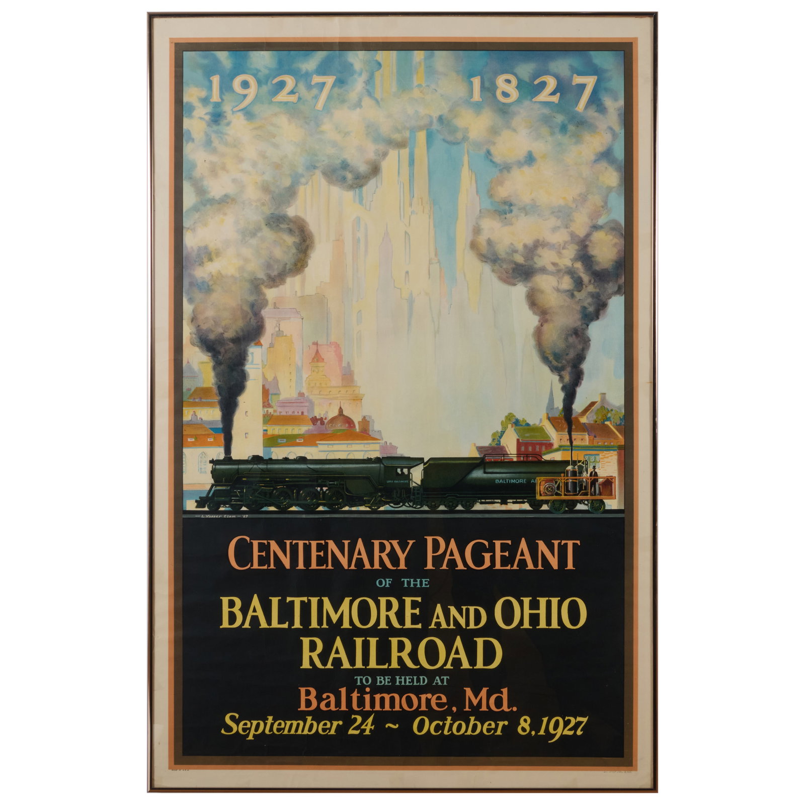 L. Vasser Elam: Centenary Pagent of the Baltimore and Ohio Railroad: L. Vasser Elam: Centenary Pagent of the Baltimore and Ohio Railroad Lithographic poster, 1927. 41 x 26 1/2 in. (sight), 41 1/2 x 27 in. (frame).