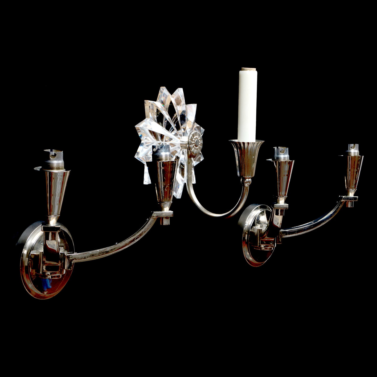 Pair of French Silver Metal Sconces: Pair of French Silver Metal Sconces Together with a glass and chrome single-light sconce. The pair 9 x 11 x 6 in. The single 8 1/2 x 6 1/2 x 8 in.