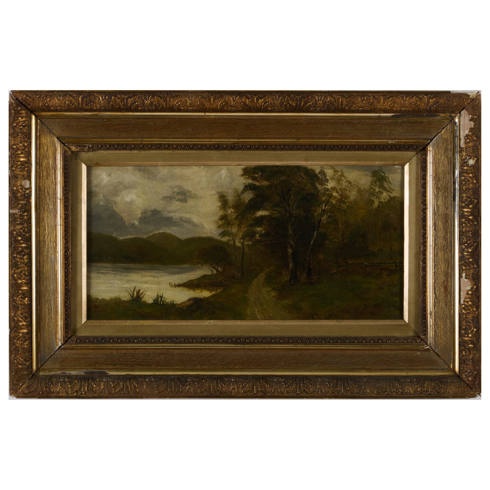 European School: Landscape with a Path Along the Water: European School: Landscape with a Path Along the Water Oil on canvas, unsigned. 8 1/8 x 16 1/8 in., 14 3/4 x 22 3/4 in. (frame).