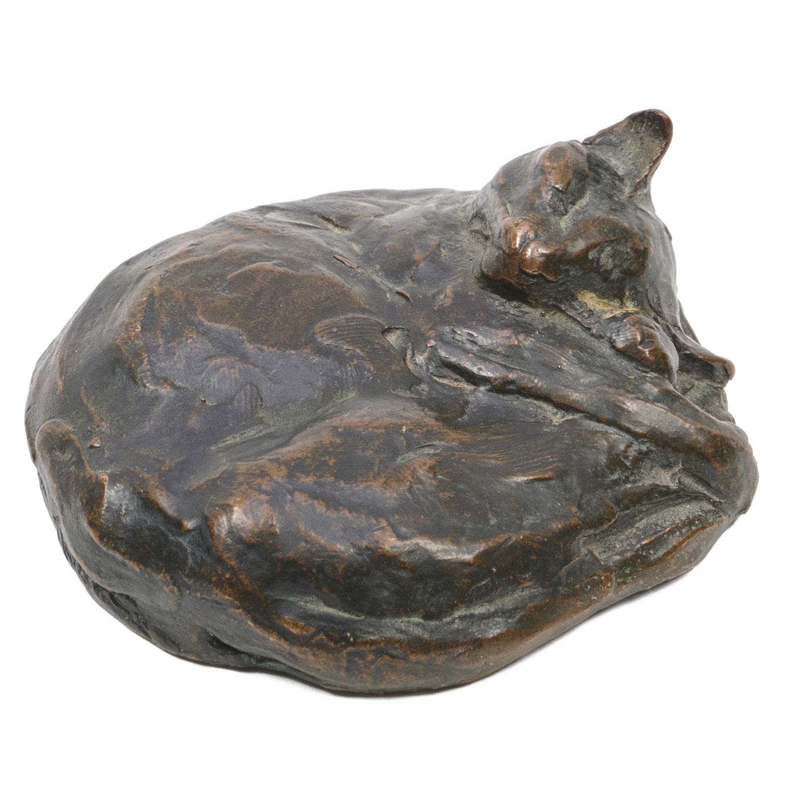 Theophile Alexandre Steinlen (1859-1923): Chat Couche: Theophile Alexandre Steinlen (1859-1923): Chat Couche Bronze, signed 'Steinlen' along the bottom, with the A. A. Hebrard foundry stamp on the underside. 1 1/2 x 3 1/2 x 3 in. Property of a Lady,