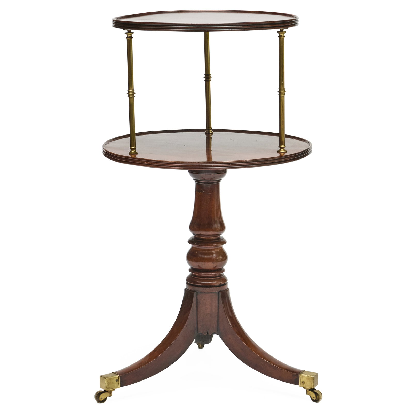 Irish Regency Brass and Mahogany Two-Tier Dumbwaiter: Irish Regency Brass and Mahogany Two-Tier Dumbwaiter Raised on casters.43 x 21 (top) x 24 (lower shelf) x 25 in. feet.
