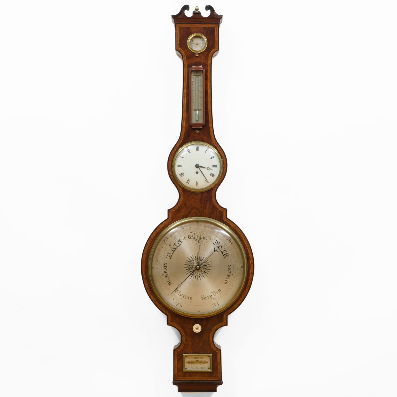 George III Style Inlaid Mahogany Banjo Thermometer and Barometer Clock: George III Style Inlaid Mahogany Banjo Thermometer and Barometer Clock Inscribed G. ROSSI. Exchange St., NORWICH. Fitted with a level. 4 ft. 3 x 15 x 4 in.