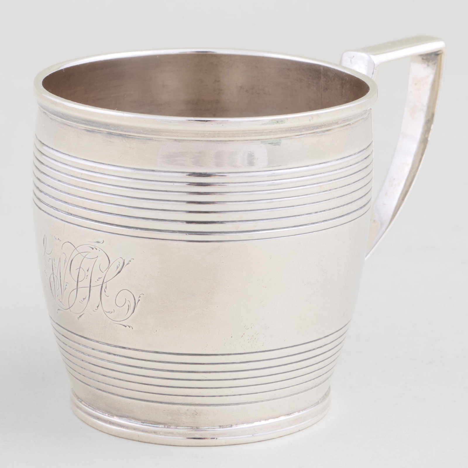 George III Silver Mug: George III Silver Mug Mark of Rebecca Emes & Edward Barnard I, London, 1790; monogrammed.2 1/2 x 3 3/4 x 2 1/2 in., 3.5 oz. approx. weight.