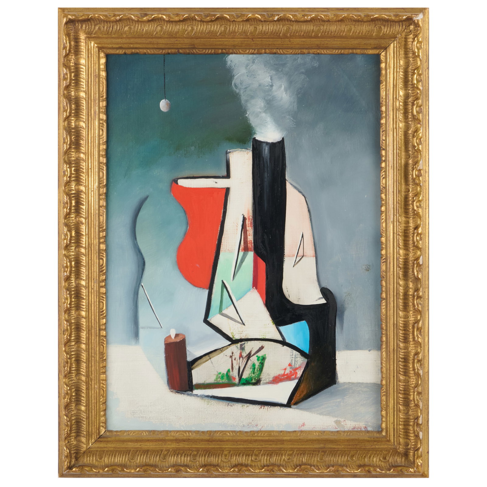 Will Mentor (b. 1957): Picasso's Microscope: Will Mentor (b. 1957): Picasso's Microscope Oil on paperboard, 1985, signed 'Will Mentor', titled and dated on the reverse, with label from Wolff Gallery, NY. 18 5/8 x 13 3/4 in., 22 5/8 x 17 7/8 in.