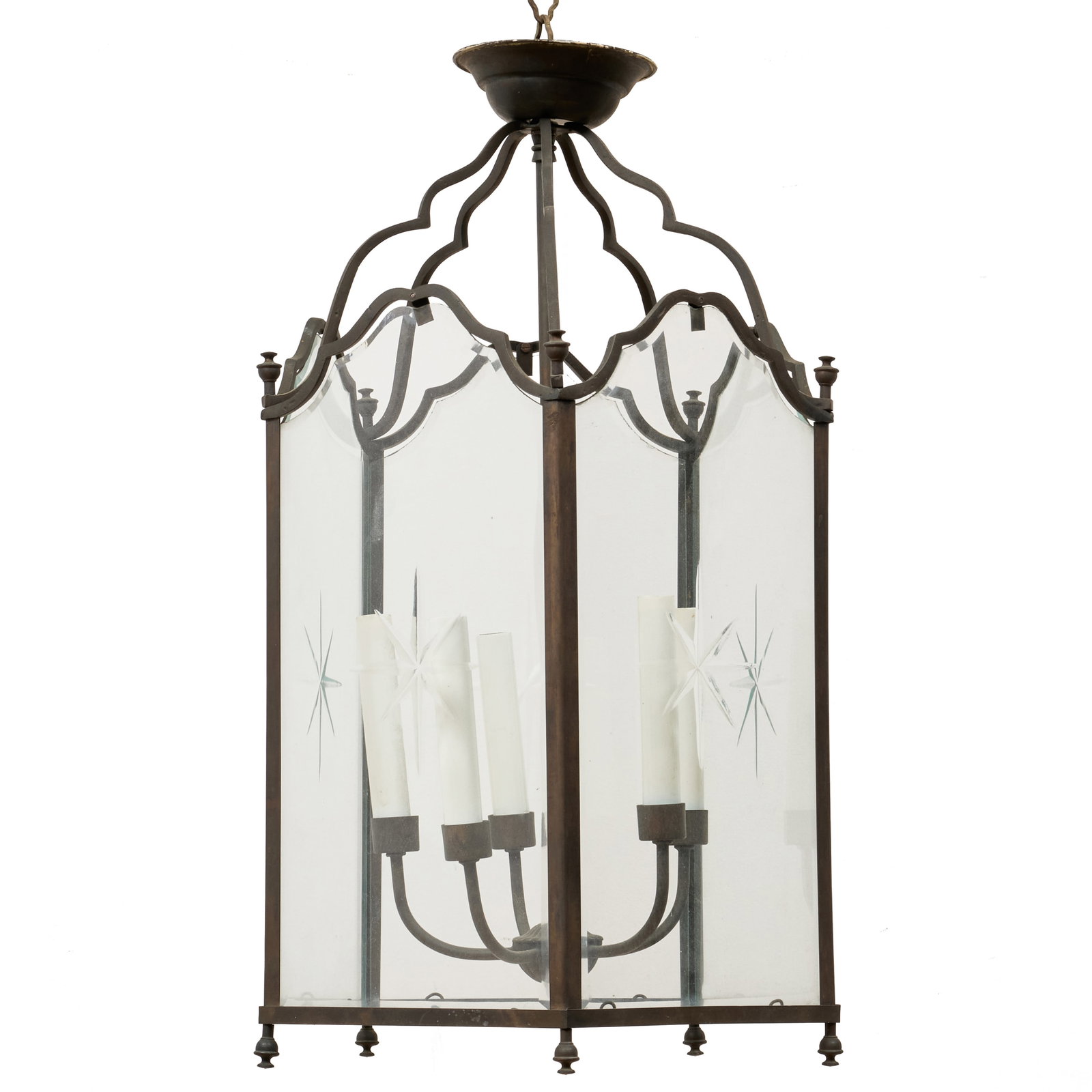 Louis XV Style Patinated Metal and Etched Glass Five Light Lantern: Louis XV Style Patinated Metal and Etched Glass Five Light Lantern 23 x 14 x 14 in.