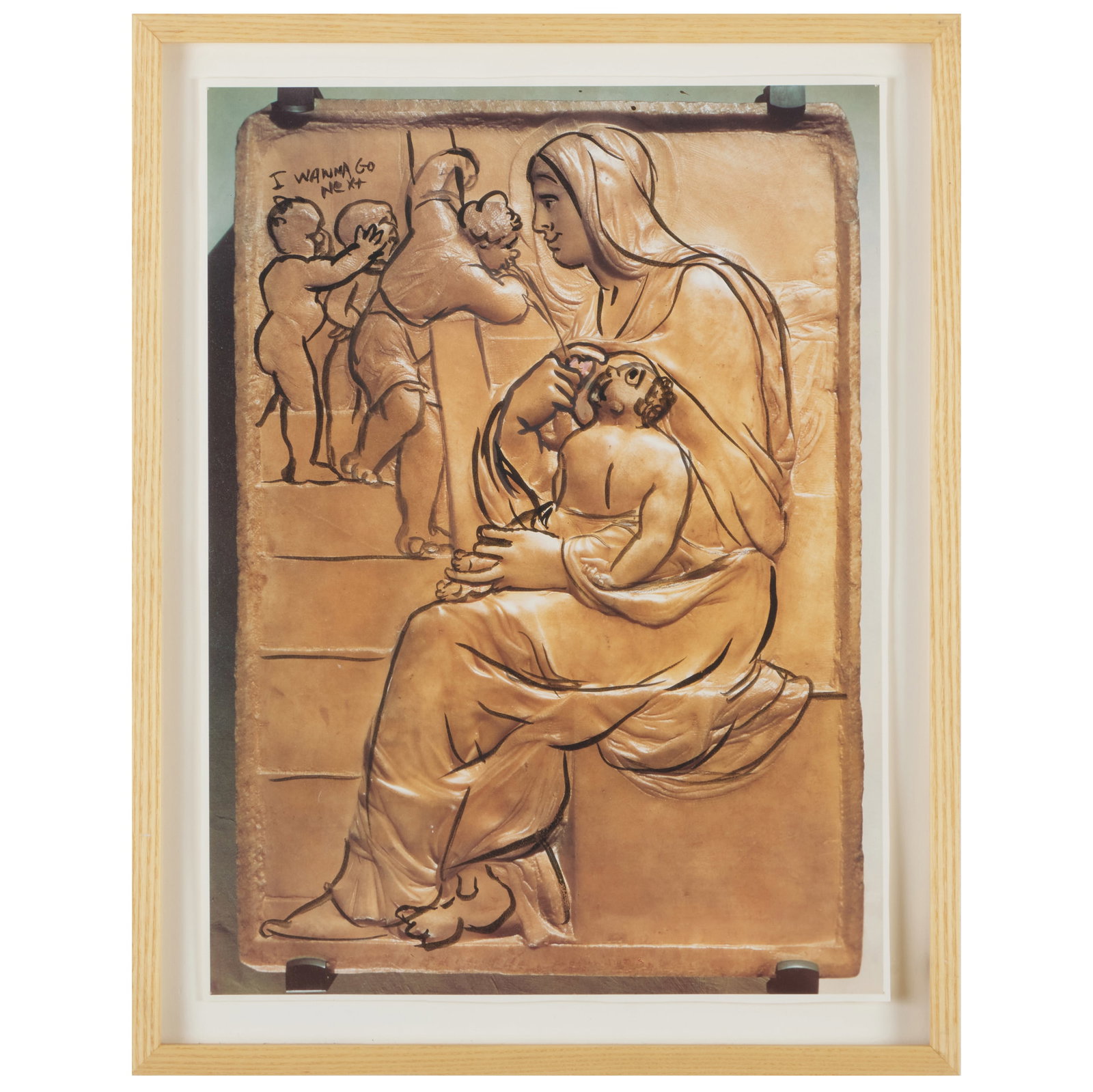 Nicole Eisenman (b. 1965): Michelangelo (I Wanna Go Next): Nicole Eisenman (b. 1965): Michelangelo (I Wanna Go Next) Ink and acrylic on color photograph, unsigned, titled upper left. 15 x 11 in. (sheet), 17 1/2 x 13 1/2 in. (frame). Note: The phrase 'I Wanna