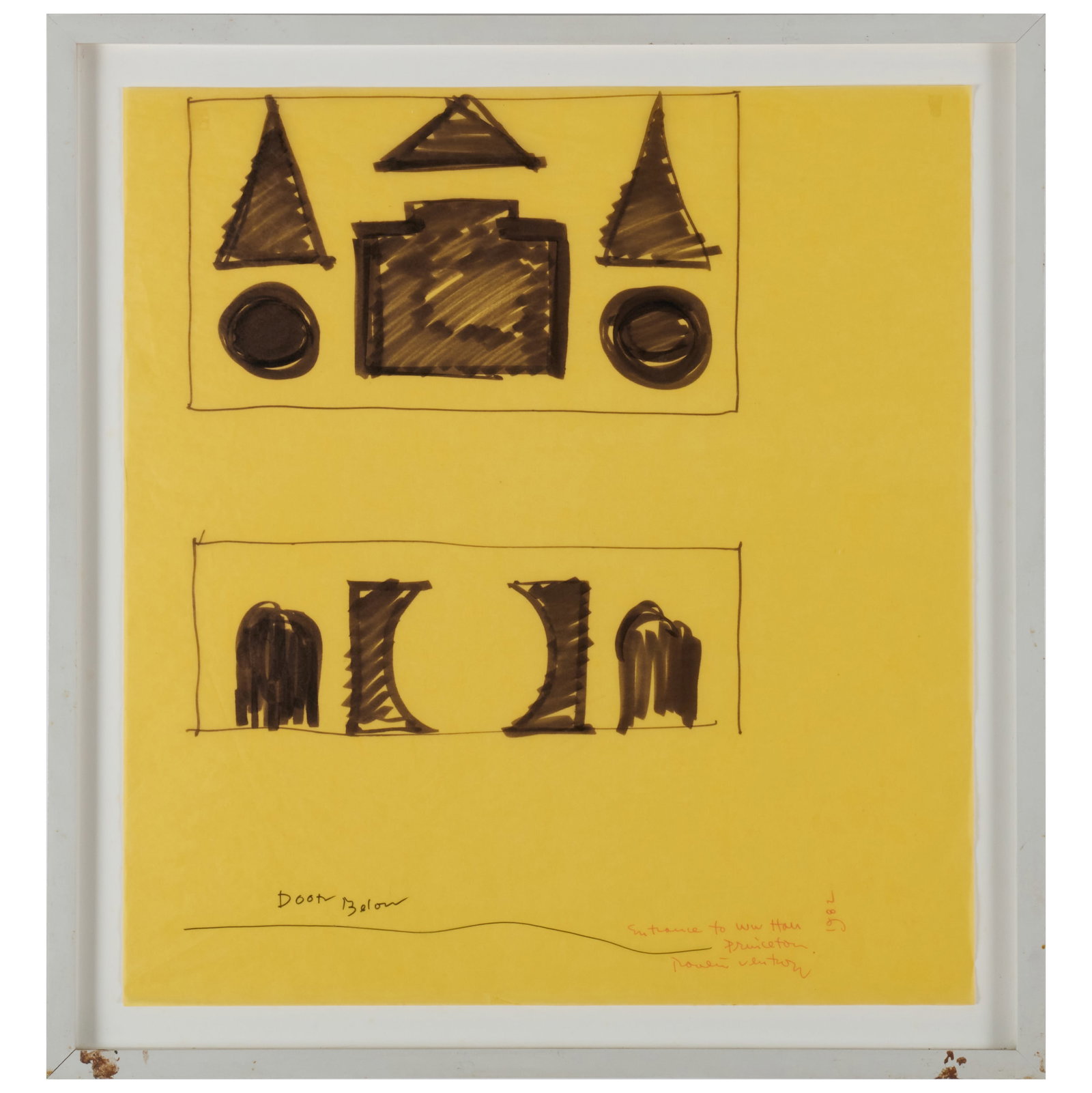 Robert Venturi (1925-2018): Entrance to WW Hall, Princeton: Robert Venturi (1925-2018): Entrance to WW Hall, Princeton Ink on yellow parchment, 1982, signed 'Robert Venturi', titled and dated lower right. 17 3/4 x 16 1/2 in. (sheet), 20 3/4 x 19 1/2 in.