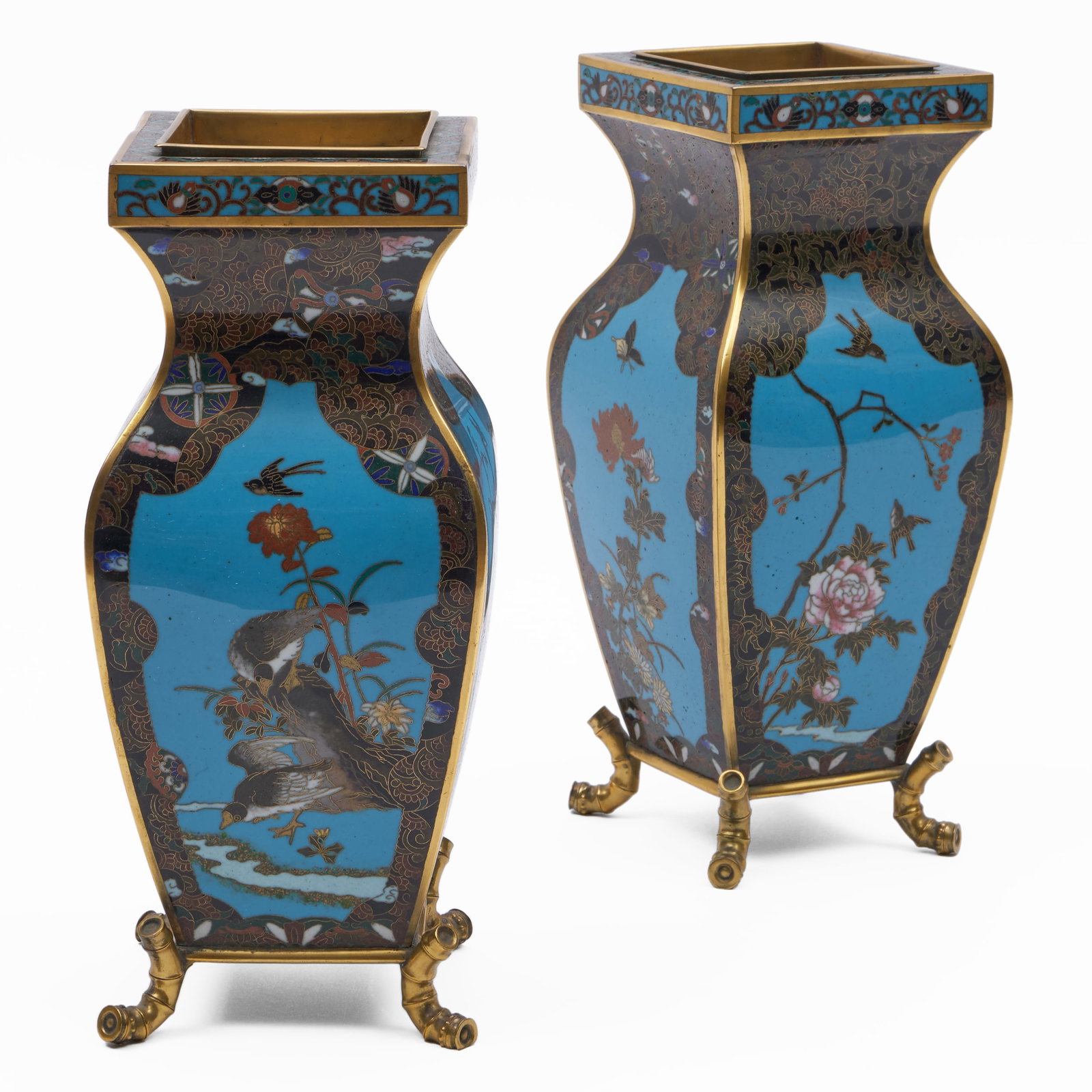 Pair of Japanese Turquoise Ground Cloisonne Faceted Baluster Vases: Pair of Japanese Turquoise Ground Cloisonne Faceted Baluster Vases Unmarked, raised on four faux bamboo feet. 9 1/4 x 4 x 4 in.
