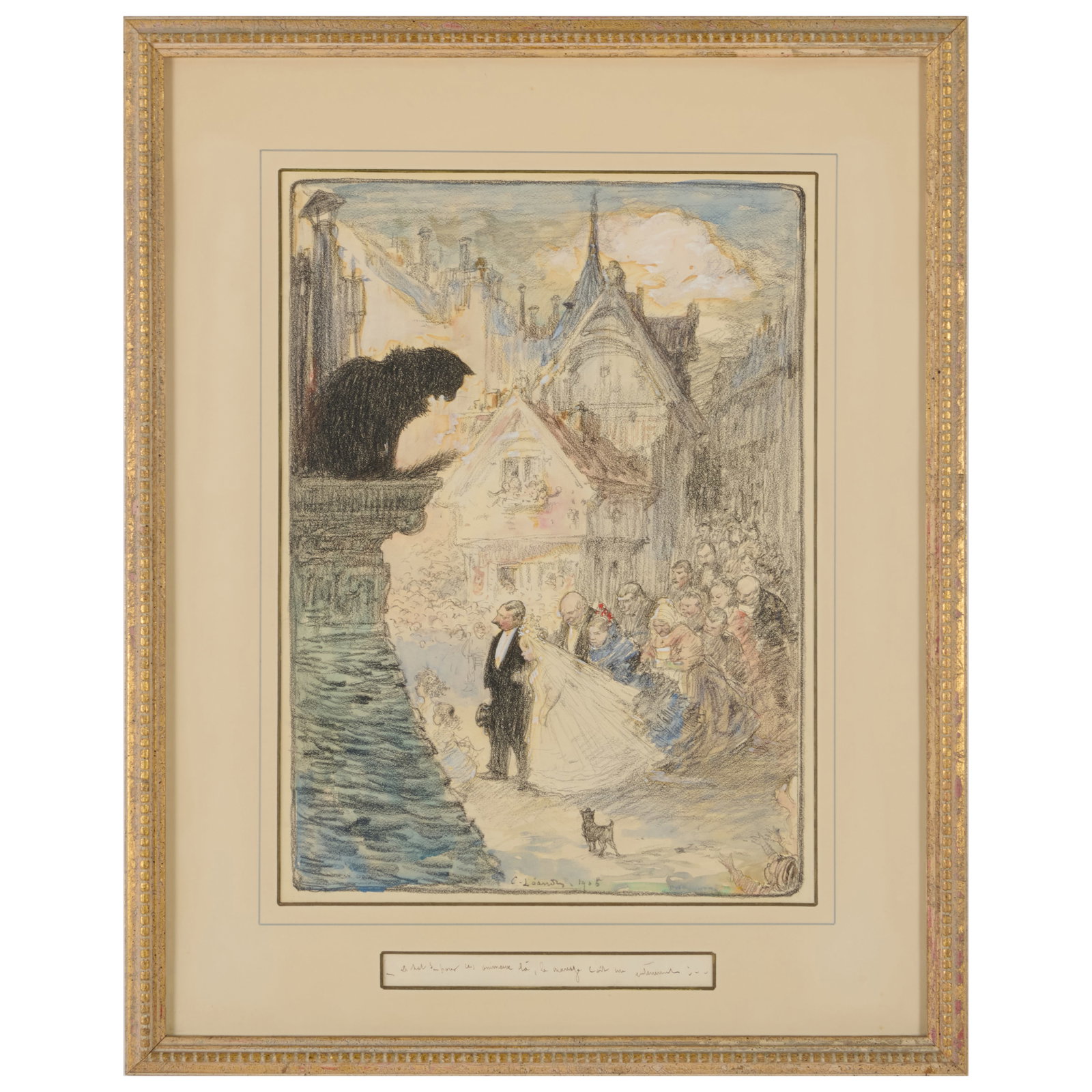 20th Century School: Cat Supervising a Wedding: 20th Century School: Cat Supervising a Wedding Charcoal and watercolor on paperboard, 1905, indistinctly signed and dated lower center, inscribed in French on a separate piece of paperboard attached