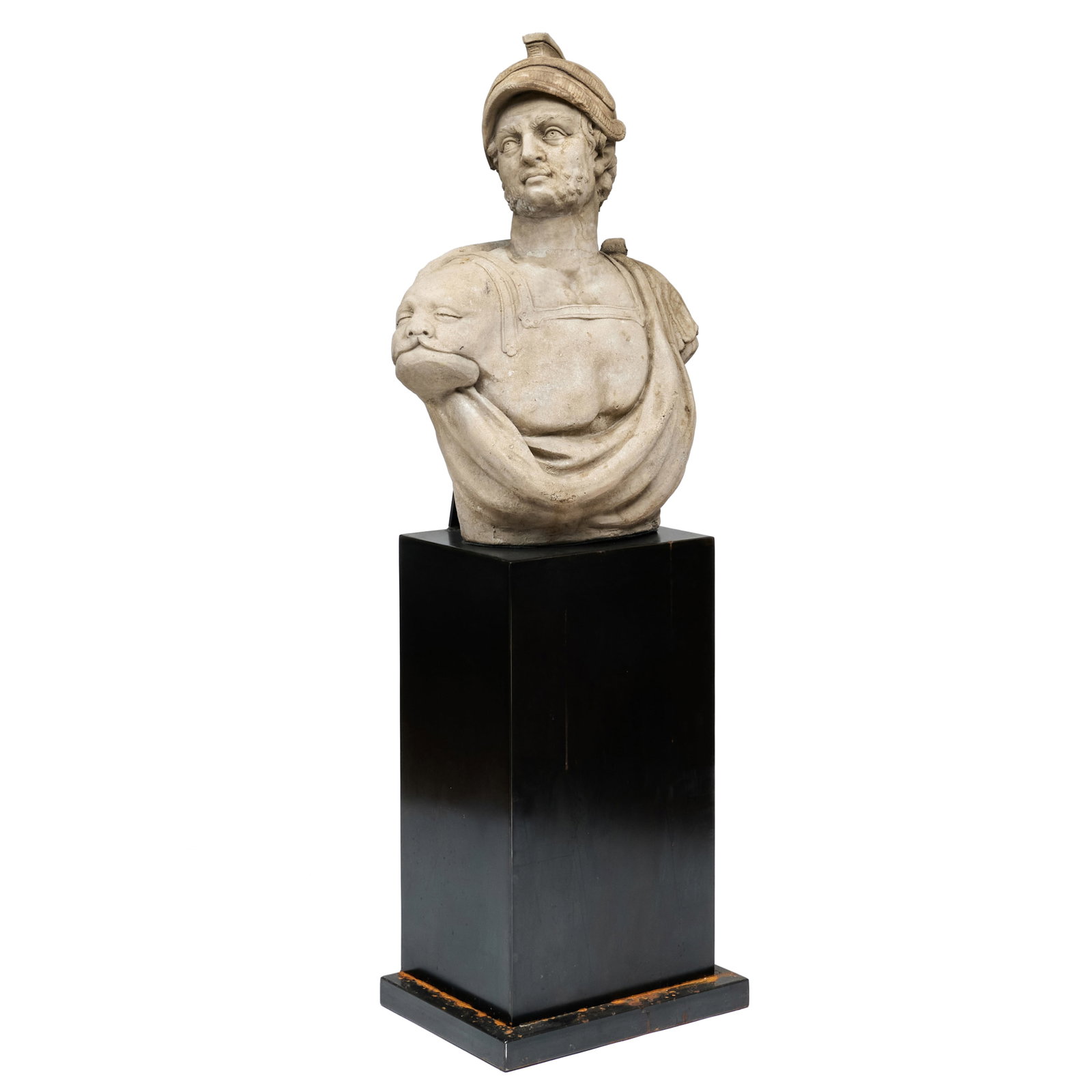 Cast Stone Bust of a Roman Foot Soldier: Cast Stone Bust of a Roman Foot Soldier Inscribed MARS ROUCOURT 1785. 5 ft. 7 x 26 x 14 in. Collection of Percival Paul Steinhart, III.