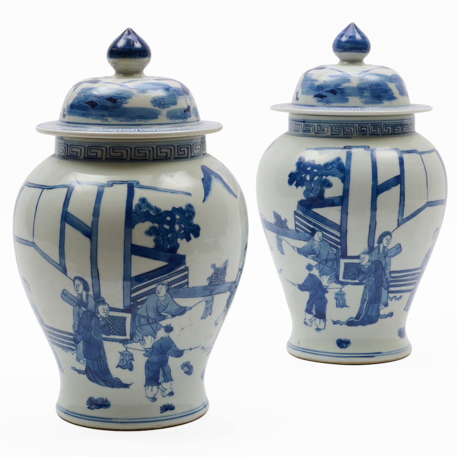 Pair of Chinese Blue and White Porcelain Baluster Jars and Covers: Unmarked. 13 1/2 x 7 in. diam.
