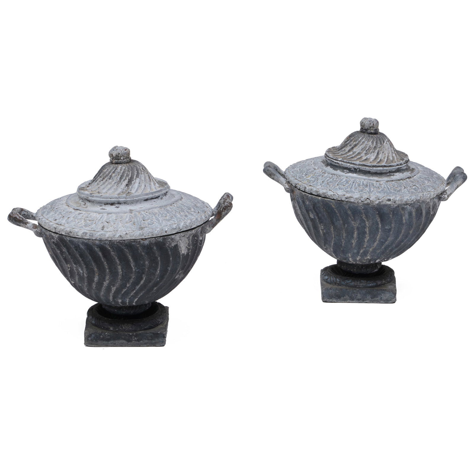 Pair of George III Style Lead Covered Urns: 14 x 16 x 12 in.