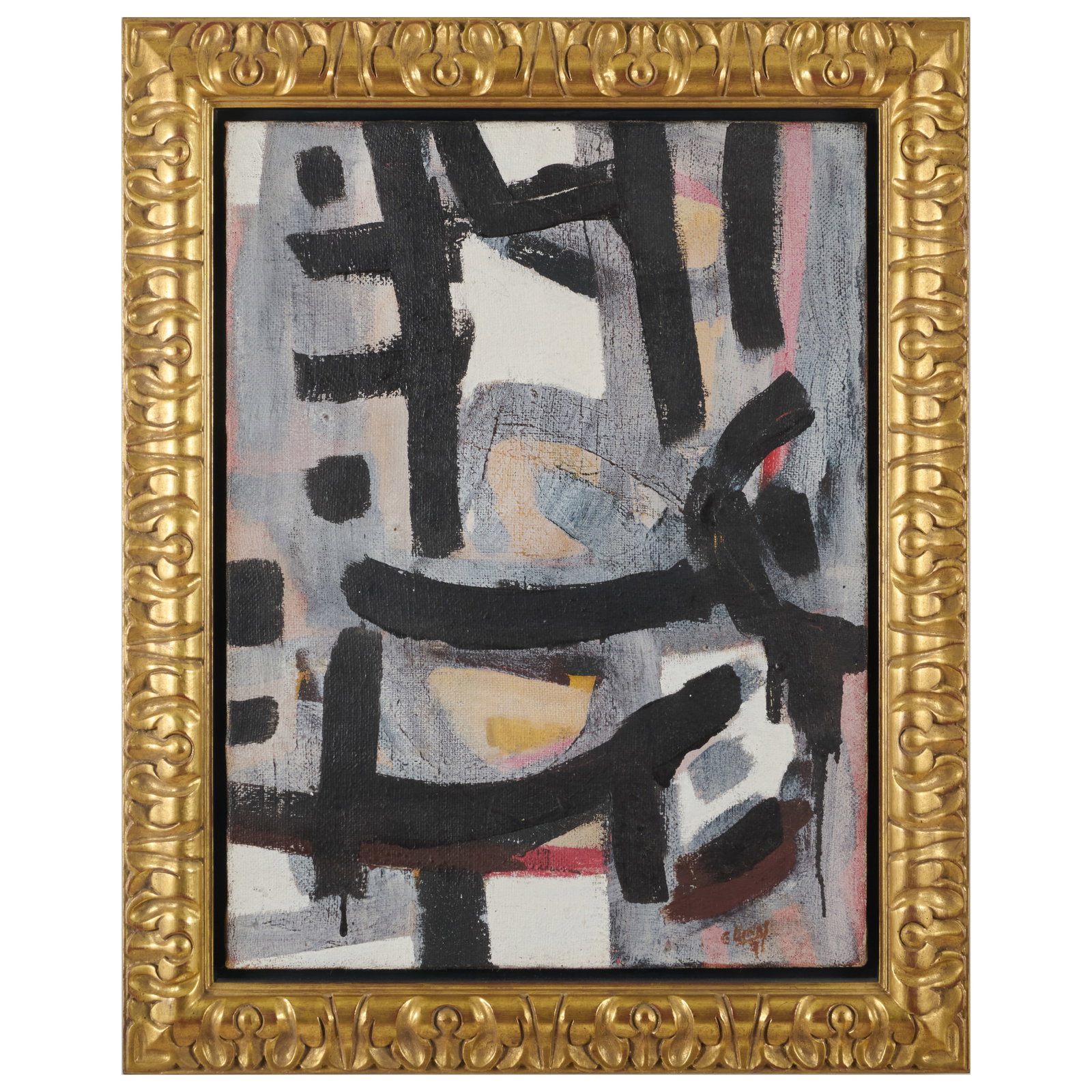 Guido Llinas (1923-2005): Pintura Negra: Oil on burlap, 1971, signed 'G. Llinas' and dated lower right, signed, titled and dated on the reverse. 24 x 18 in., 30 x 24 in. (frame).
