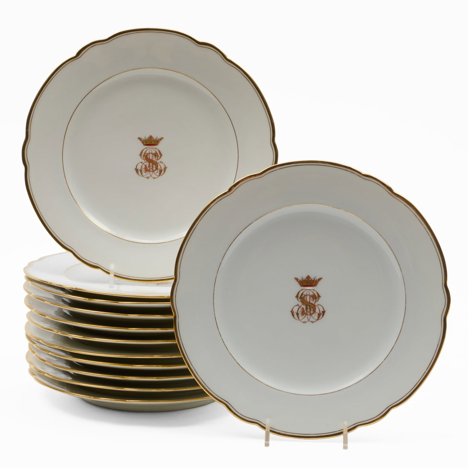 Set of Twelve Dinner Plates Monogrammed 'S', Probably French: Incised marks.9 1/4 in. diam.