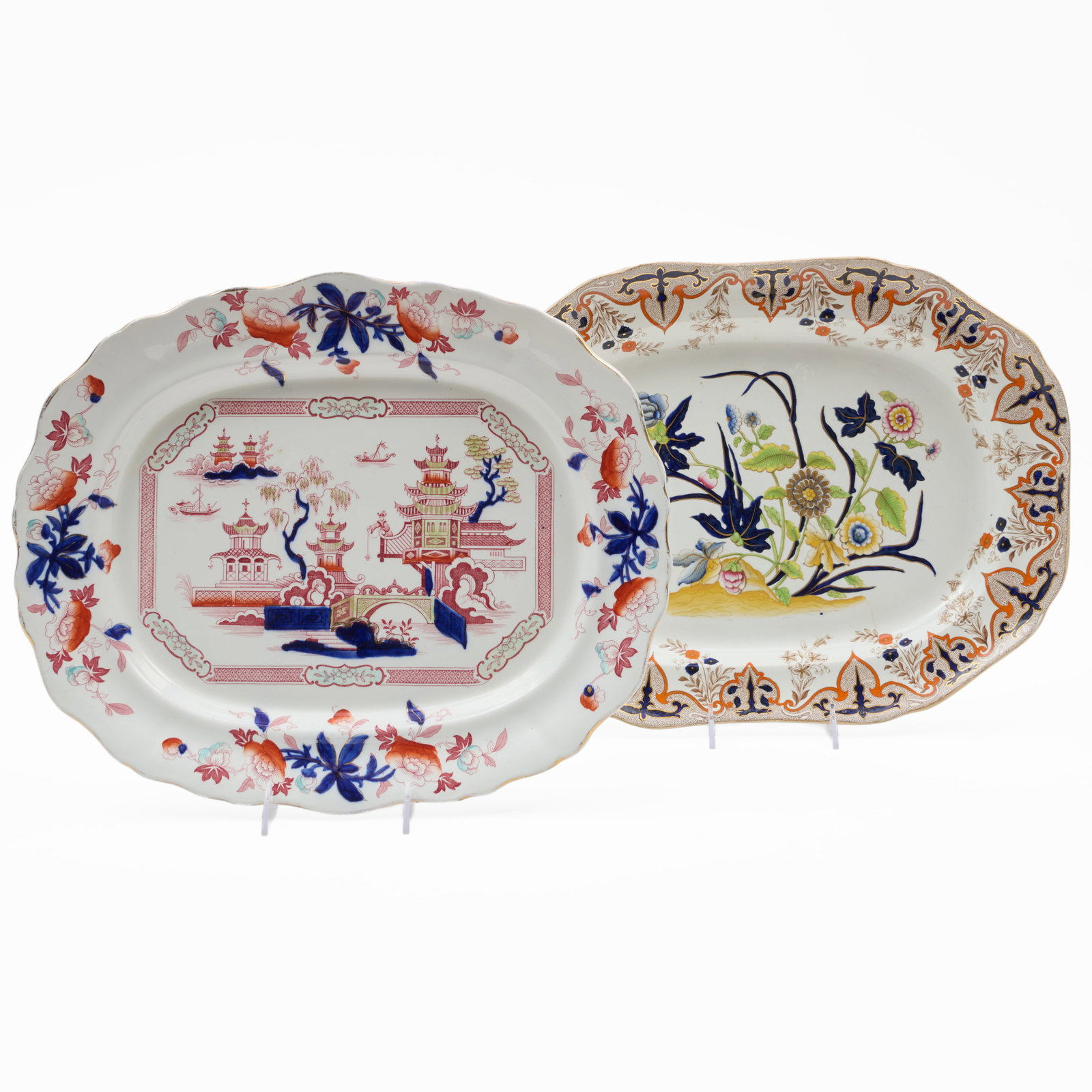 Two English Transfer Printed and Enriched Platters: Printed marks, the first Copeland with flower design; the second in the 'Tonquin' pattern.The first 14 1/2 x 18 1/4 in., the second 14 5/8 x 17 1/2 in.
