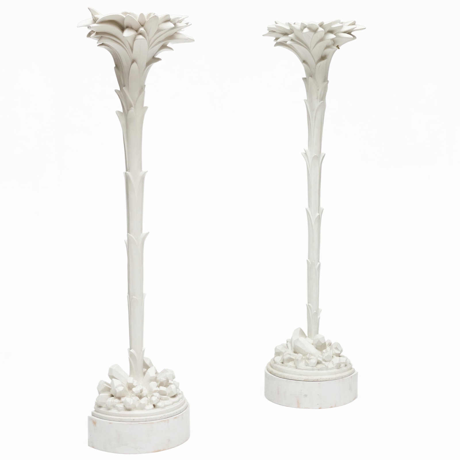 Two White Painted Resin-Cast Palm Trees, In The Manner of Serge Roche: One is a later copy made of fiberglass and plaster, the other is plaster on metal. Both raised on a later plinth and electrified. 5 ft. 11 x 18 1/4 x 11 in.