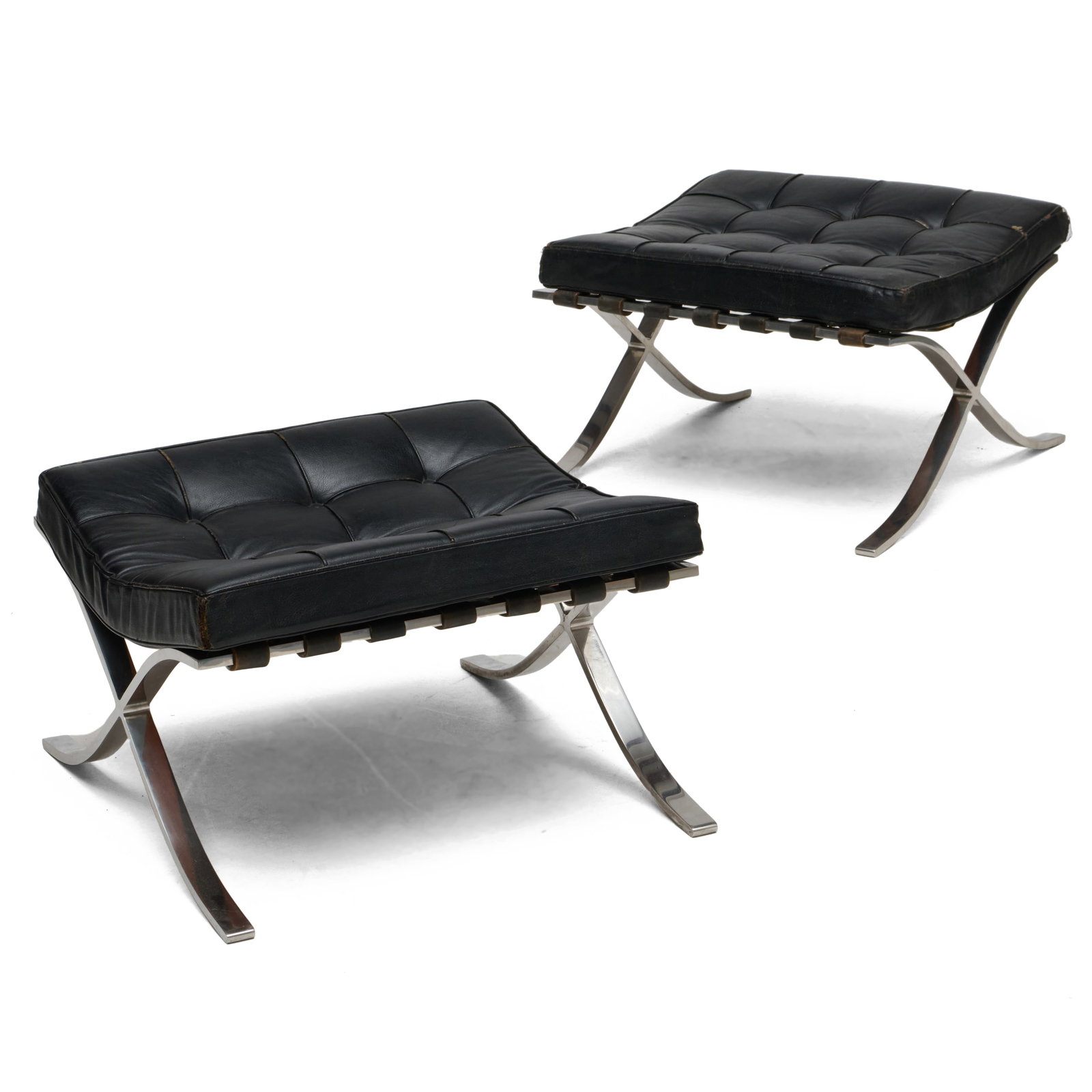 Pair of Mies van der Rohe for Knoll Chrome and Leather Barcelona Stools: 15 x 23 1/4 x 24 1/2 in.