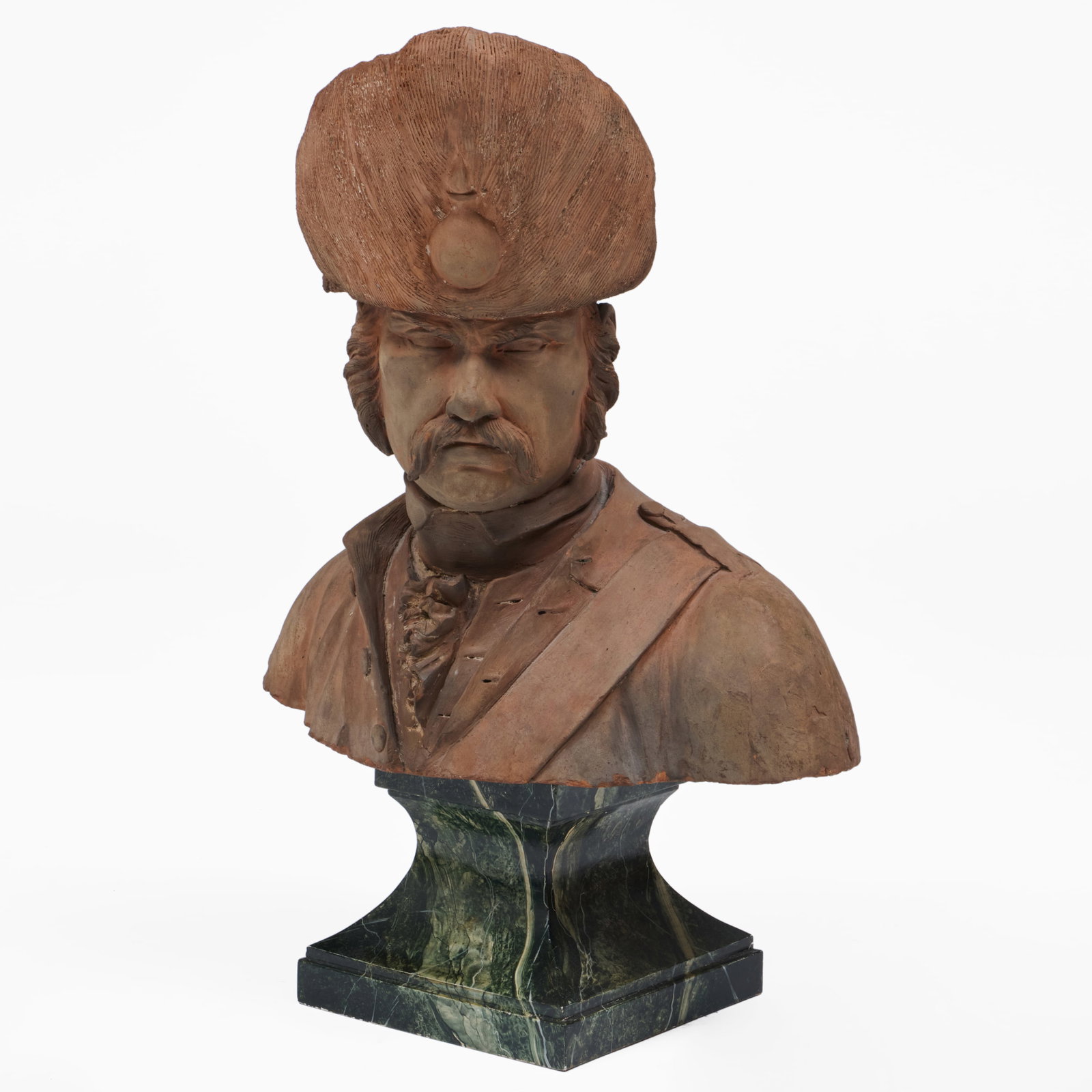 Terracotta Bust of a Mustached Man in a Hat: 18 3/4 x 19 x 19 1/2 in.