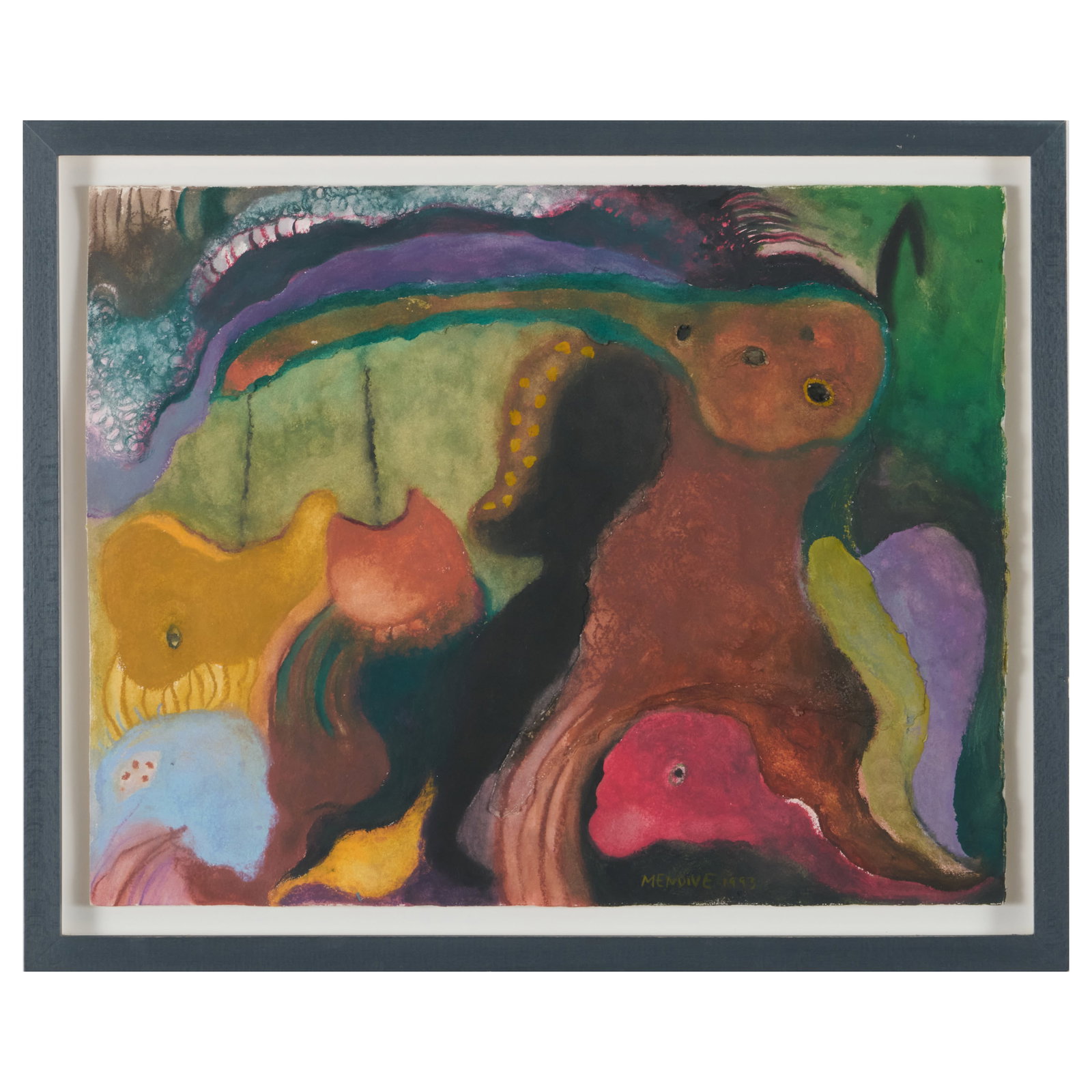 Manuel Mendive (b. 1944): Sin Titulo; and Sin Titulo 2: Two mixed on paper, 1993, both signed 'Mendive' and dated lower right, with labels from Substas Galerias Louis C. Morton, Mexico. Both 15 x 19 in. (sheet), 17 1/2 x 21 1/2 in. (frame).