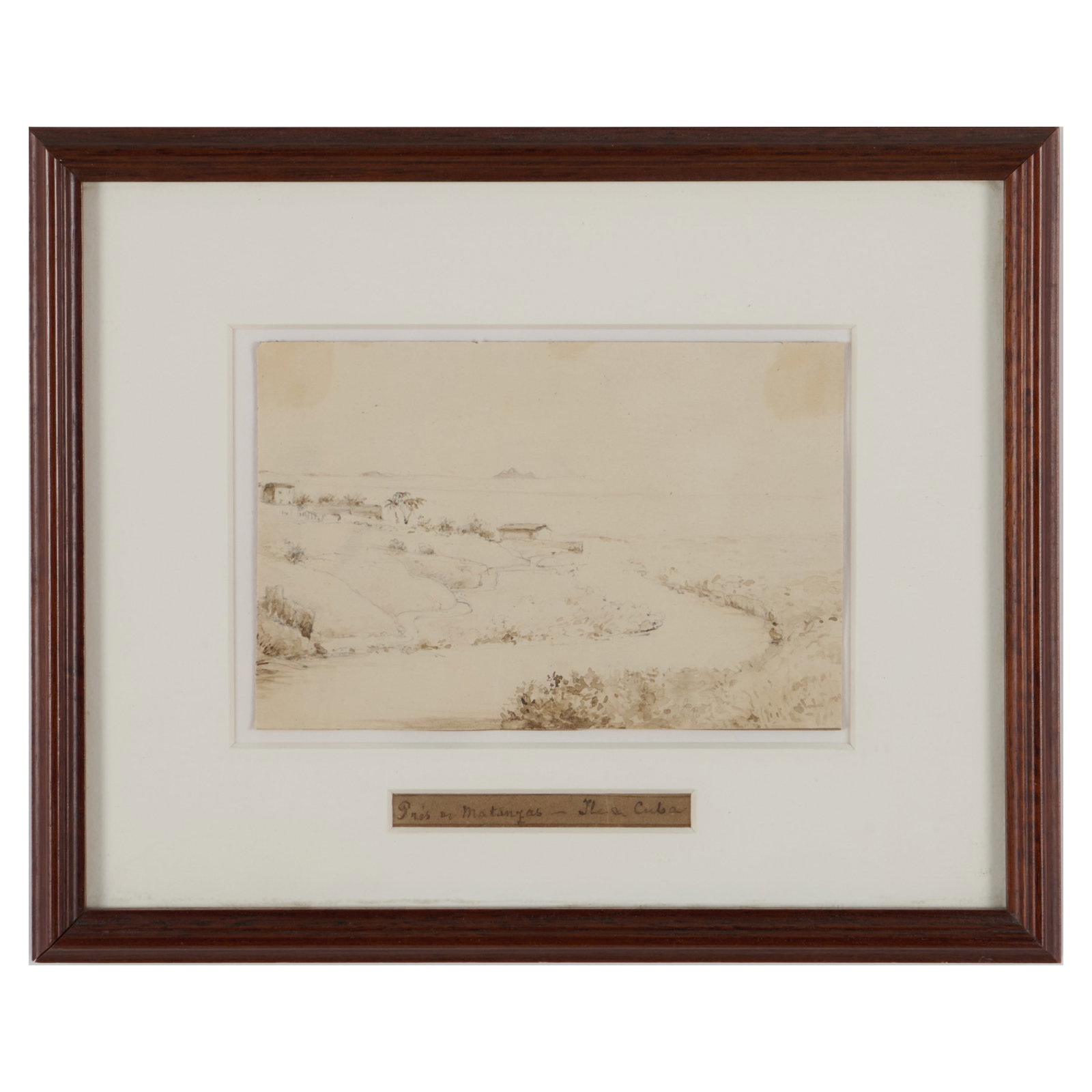 French School: Pres au Matanzas, Ile de Cuba: Ink, pencil and wash on paper, unsigned, titled on a separate piece of paper. 4 x 6 in. (sheet), 8 3/4 x 11 in. (frame).