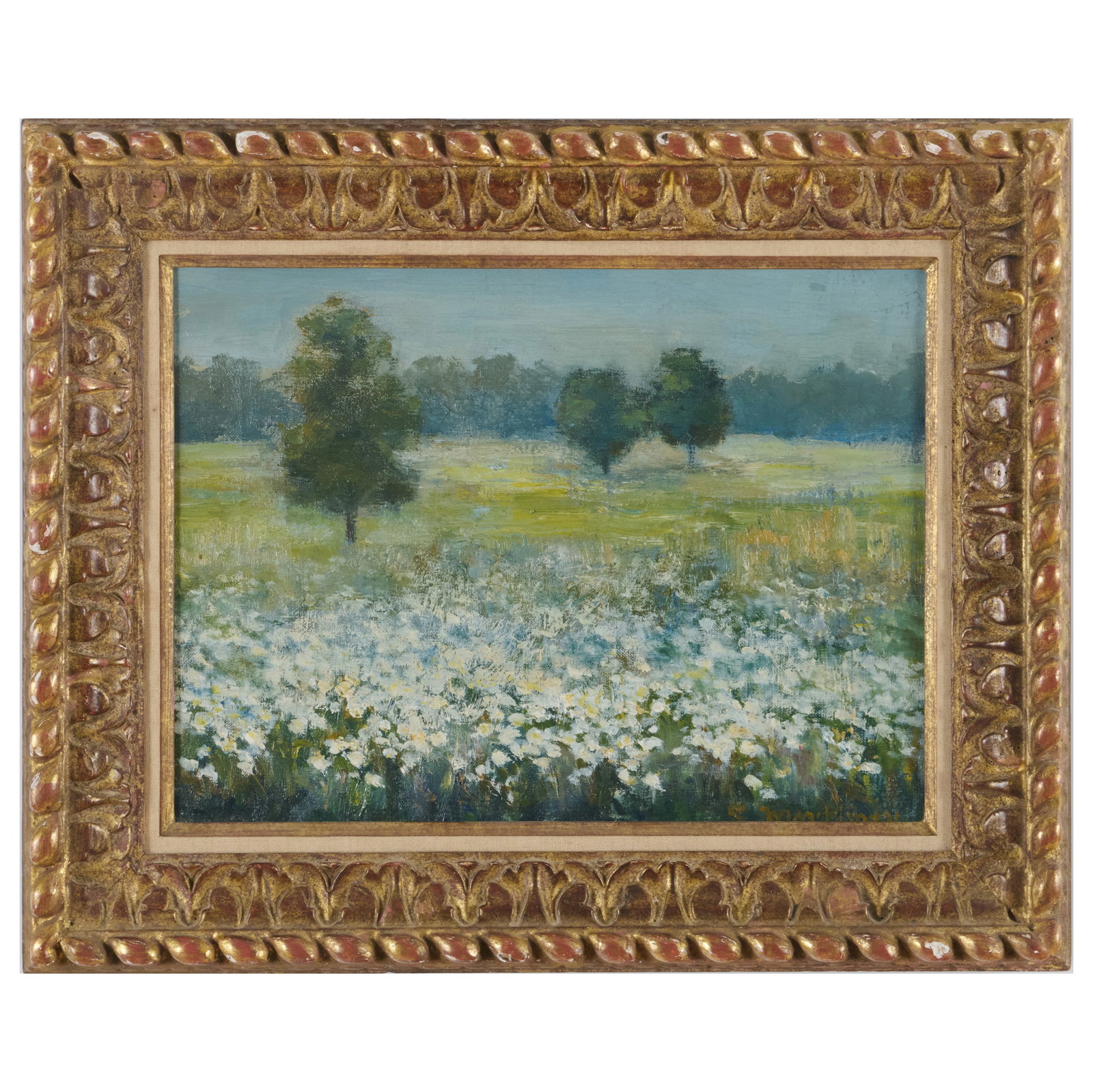C. Mortimer: Spring Daises: Oil on canvas, signed 'C Mortimer' lower right and on the reverse, titled on a label on the stretcher. 12 x 16 in., 17 1/2 x 21 1/2 in. (frame).
