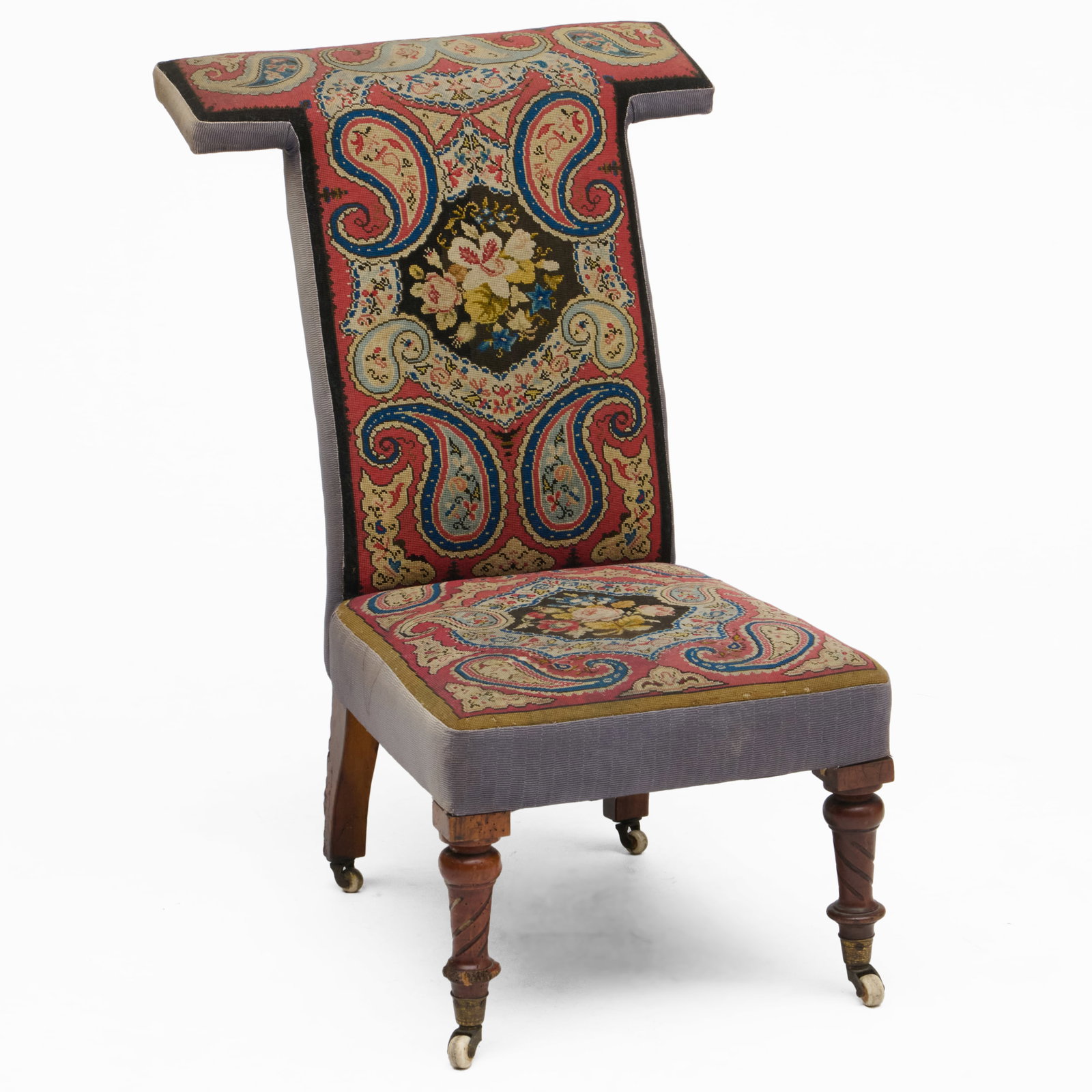 Needlework Upholstered and Mahogany Prie Dieu, Possibly French: Raised on porcelain casters 34 1/2 x 23 x 27 in., seat height 14 1/2 in.