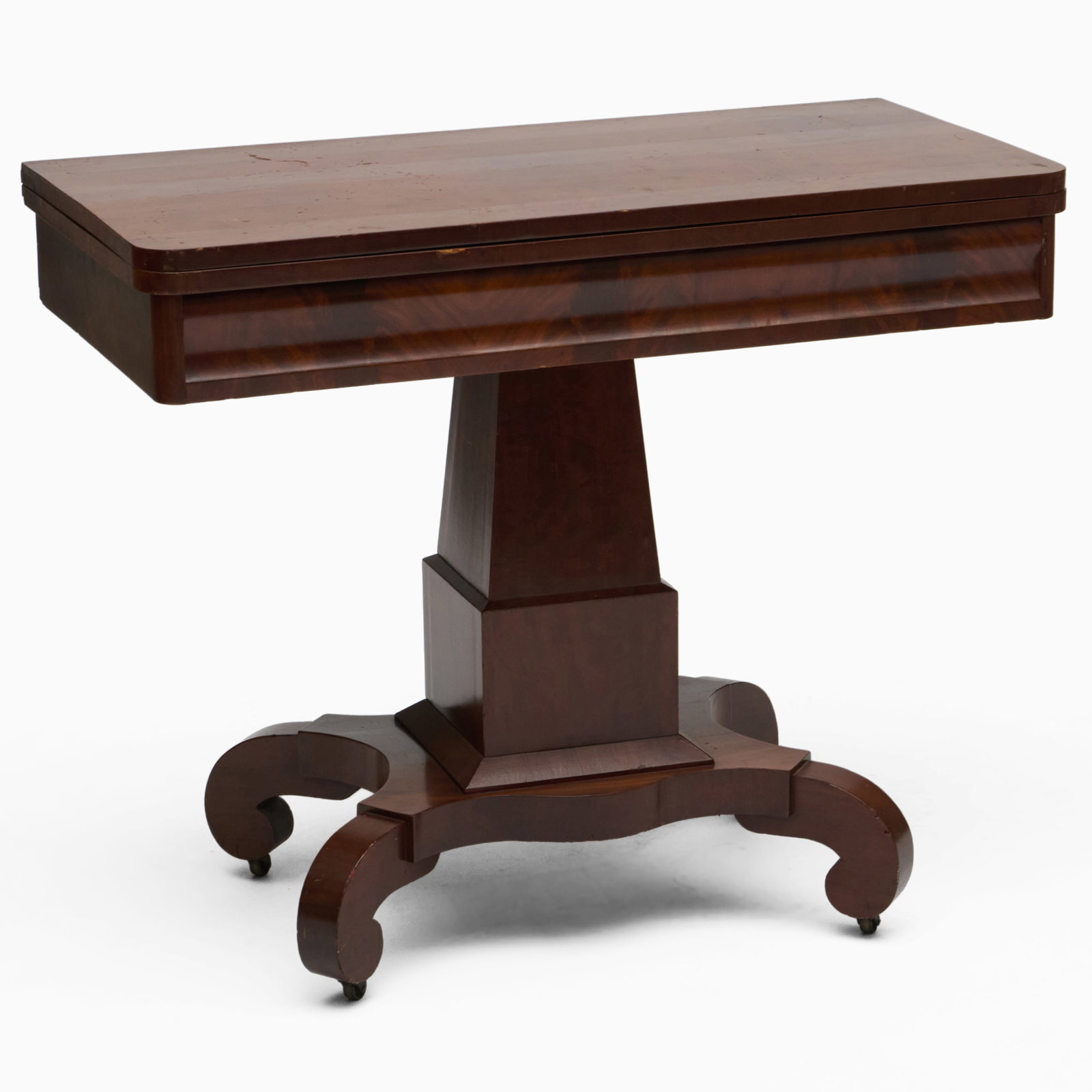 Victorian Mahogany Games Table: Raised on casters.30 x 36 x 17 1/2 in., closed.29 x 35 1/2 x 36 in., open.