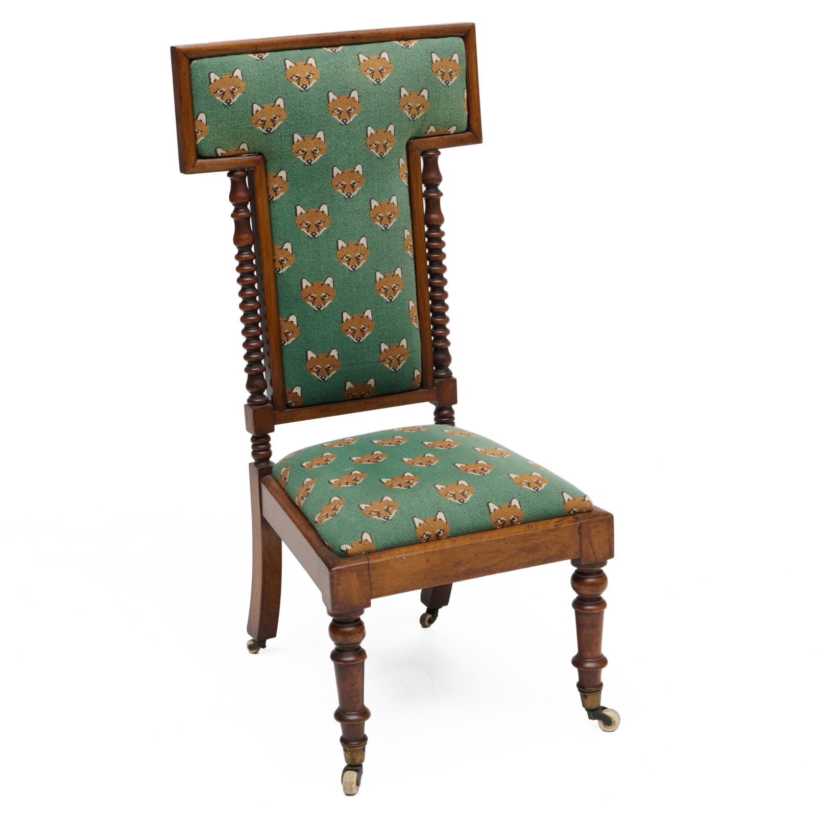 Victorian Turned Fruitwood and Upholstered Side Chair: Raised on porcelain casters.39 x 19 x 19 1/2 in., seat height 16 in.