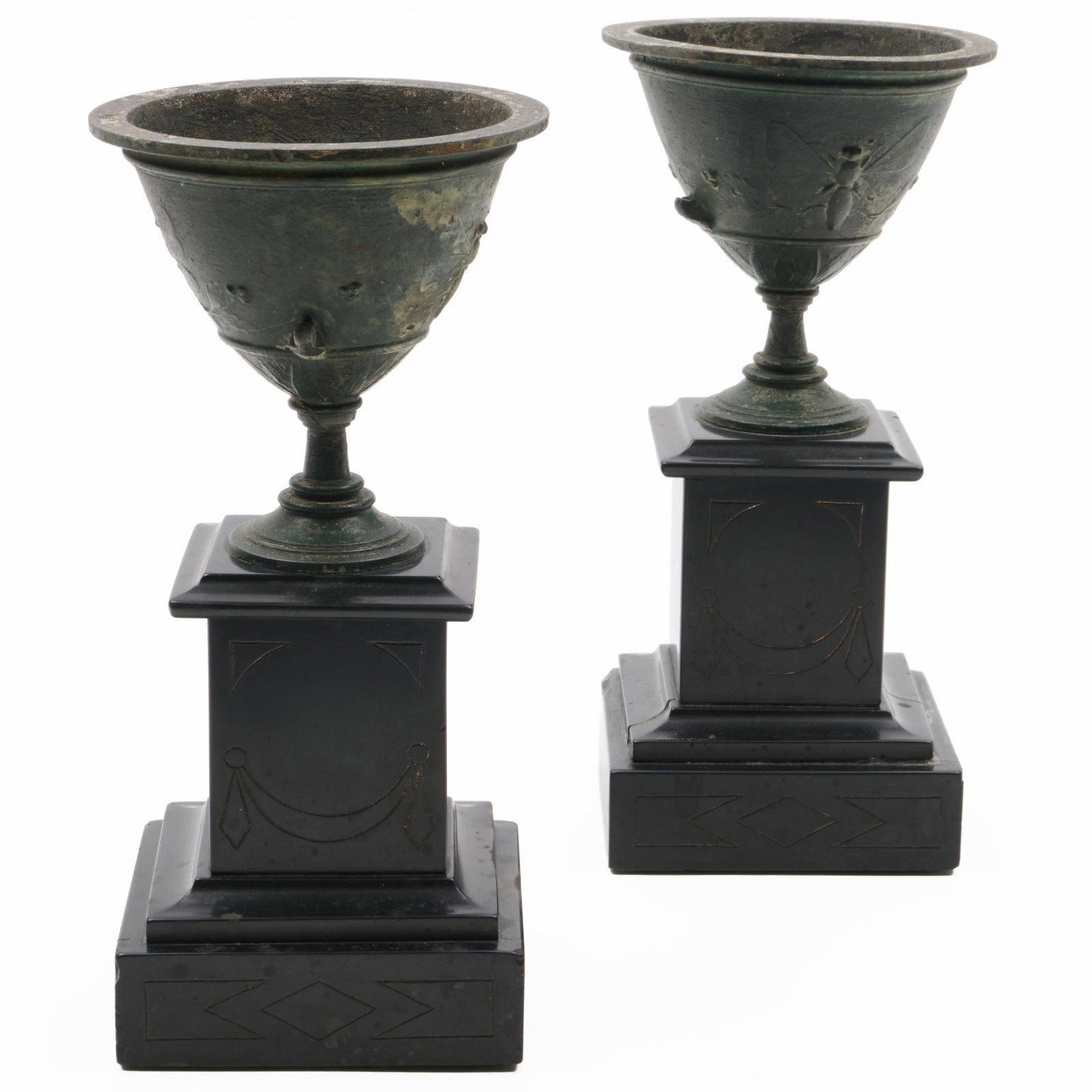 Pair of Green Painted Metal Urns on Marble Plinths: 9 1/4 x 4 x 4 in.