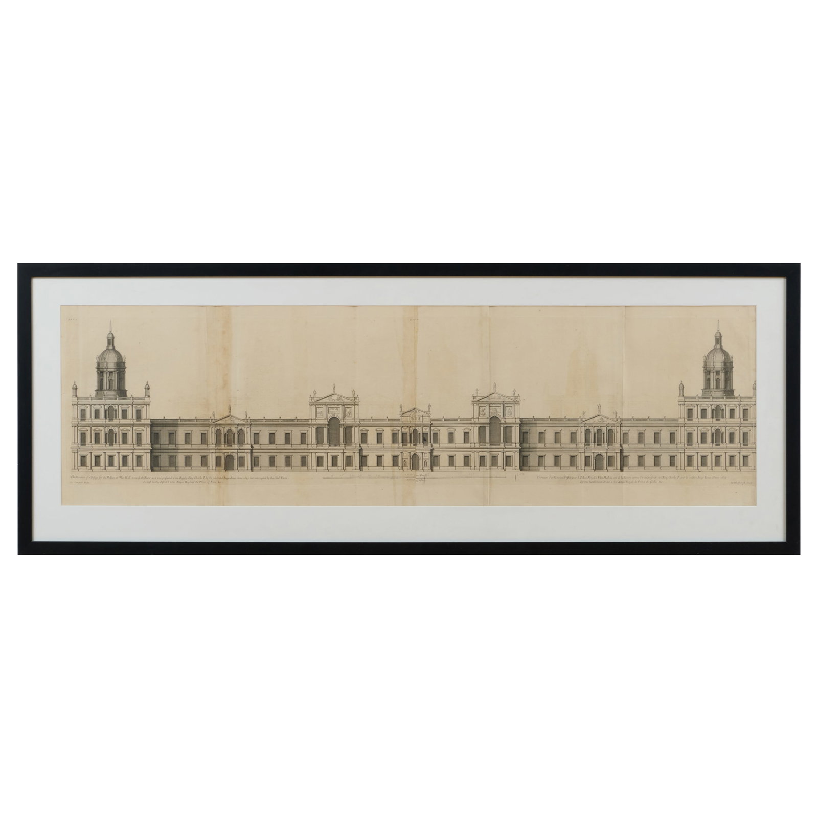 English School: Design for the Palace at White Hall: English School: Design for the Palace at White Hall Two-sided etching and engraving in black on two sheets of laid paper, unsigned. 12 3/4 x 44 3/4 in. (sight), 19 x 50 1/4 in. (frame). Collection of