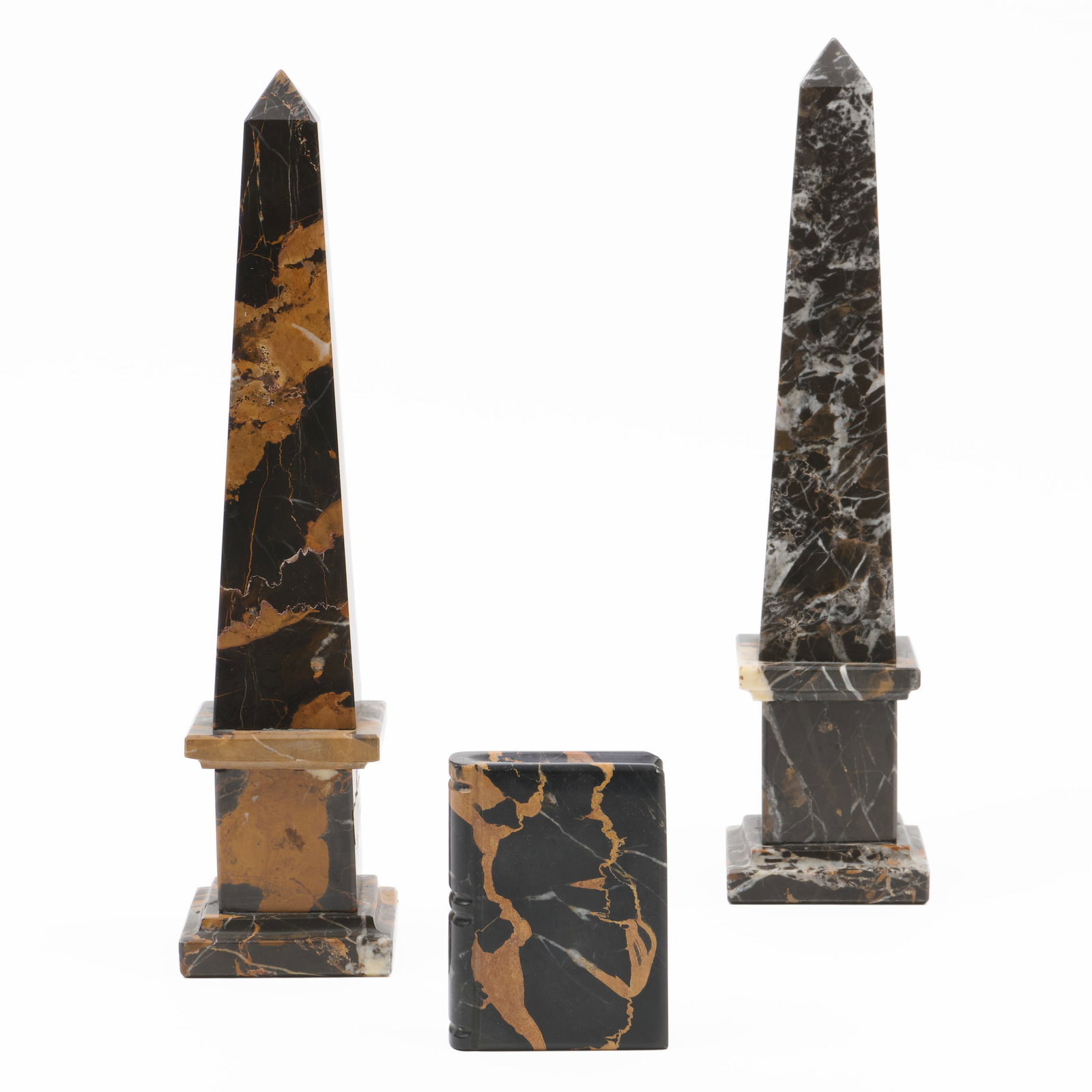 Pair of Marble Obelisks with a Miniature Model of a Book: Pair of Marble Obelisks with a Miniature Model of a Book 11 3/4 x 2 3/4 x 2 3/4 in., pair of obelisks.7/8 x 3 3/4 x 2 1/2 in. Collection of Percival Paul Steinhart, III.